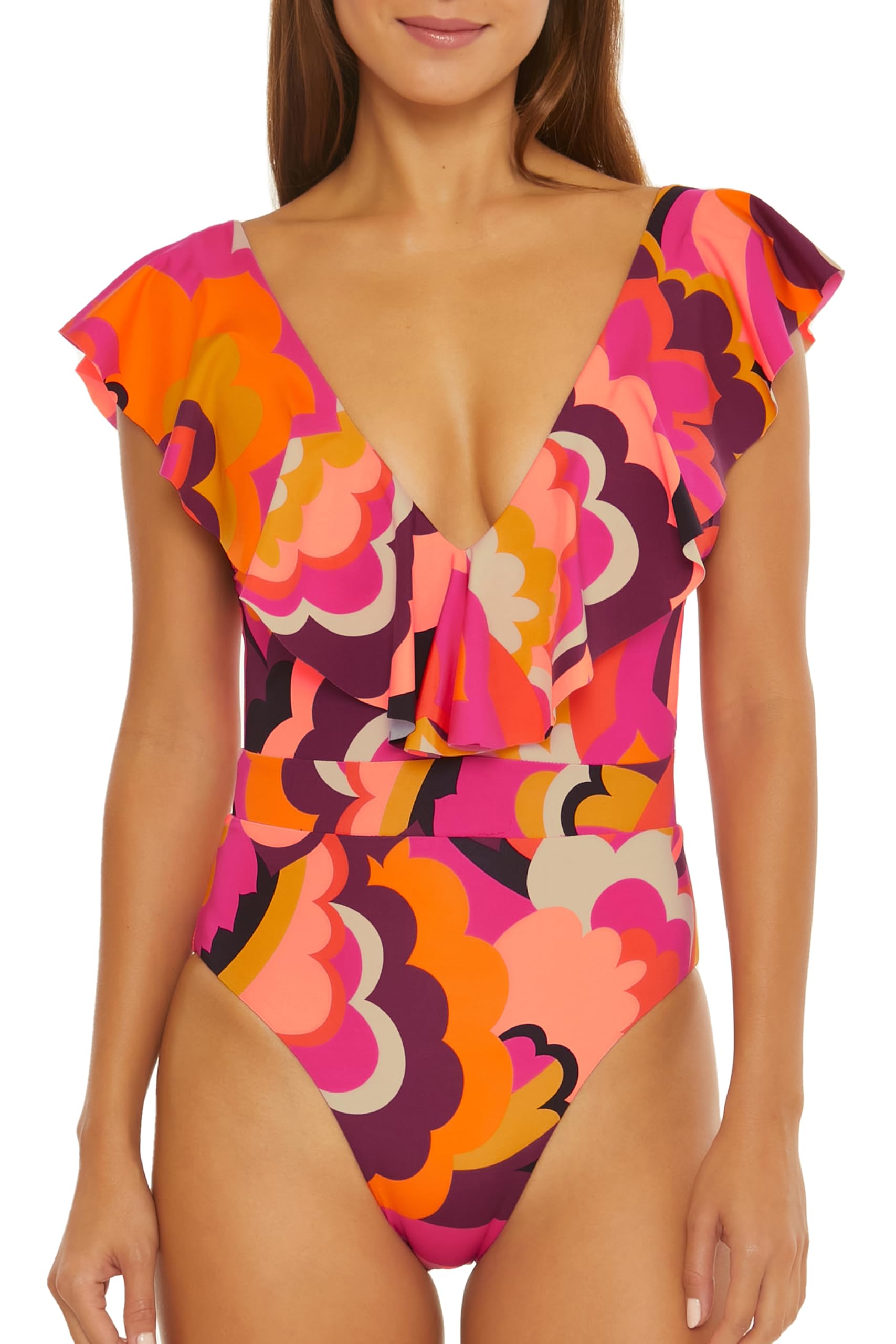 Trina Turk Fan Faire - Women's Ruffle One Piece Swimsuit, Plunge V-Neck, Floral Print, Bathing Suits for Women, Multicolor, 6 - Image 1
