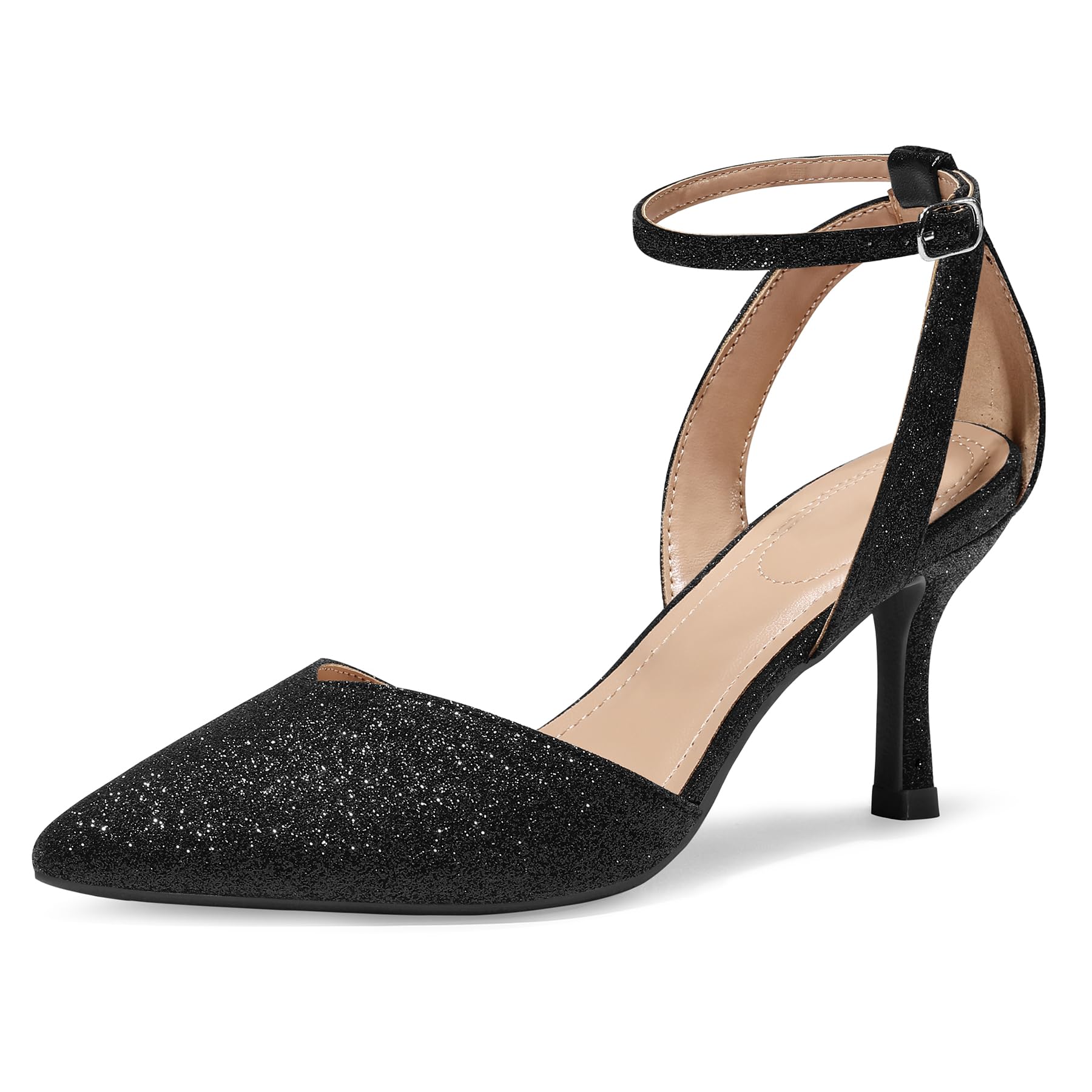 mysoft Women's Pumps Shoes Pointed Toe Kitten Low Heels Stiletto Ankle Strap Closed Toe Wedding Party Dress Sandals Black Glitter - Image 1