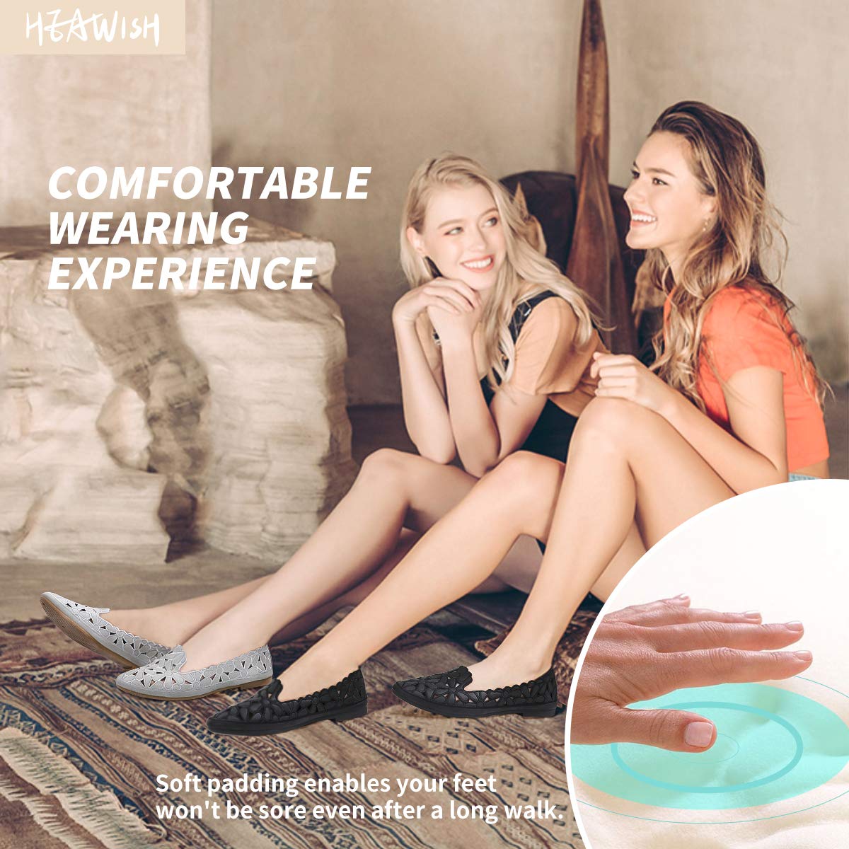 HEAWISH Women's Floral Ballet Flats for Women Black Beige Slip On (Grey,10)