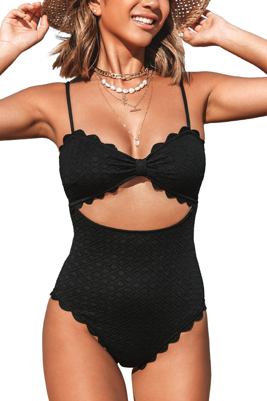 CUPSHE Women's One Piece Swimsuit Sexy Black Cutout Scallop Trim Bathing Suit, S - Image 1