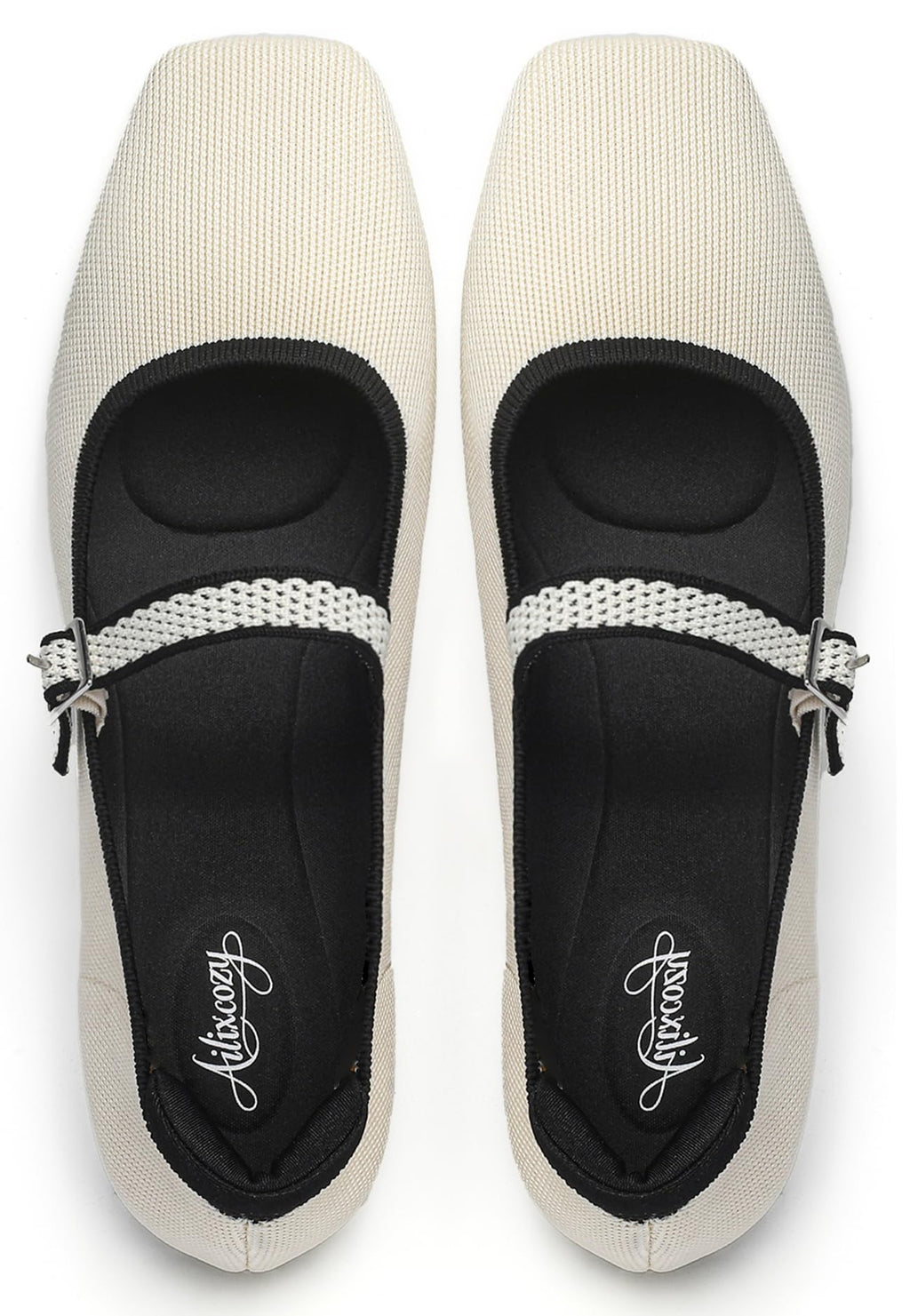 Ailixcozy Ballet Flats for Women, Square Toe Mary Jane Shoes Comfortable Dressy Flats Adjustable Straps Washable Knit Casual Office Shoes with Arch Support Latex Insole - Image 1