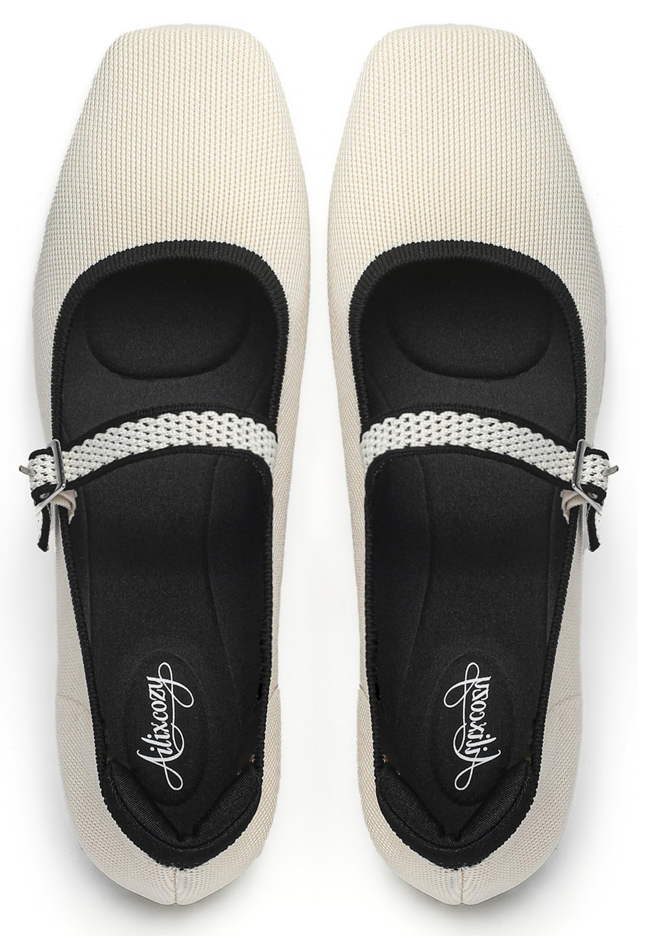 Ailixcozy Ballet Flats for Women, Square Toe Mary Jane Shoes Comfortable Dressy Flats Adjustable Straps Washable Knit Casual Office Shoes with Arch Support Latex Insole - Image 1