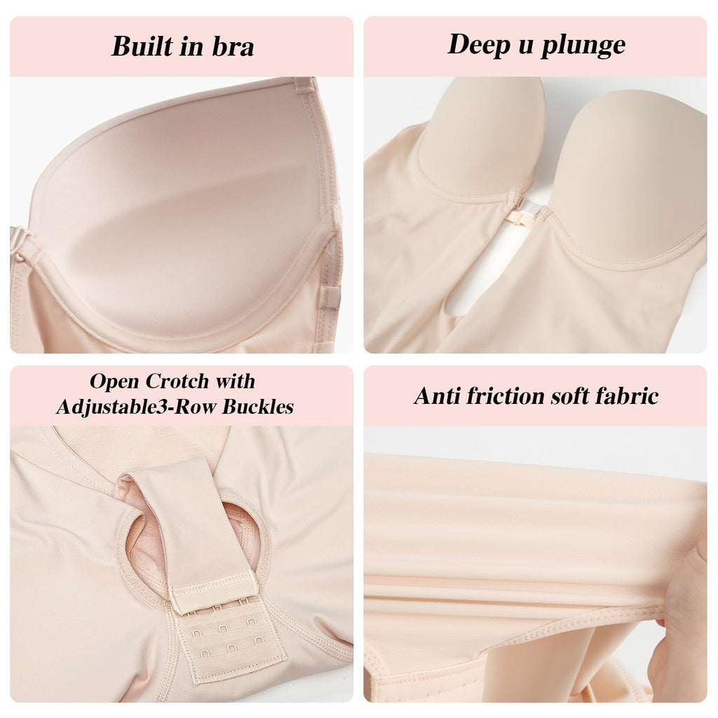 Slimers Backless Shapewear Strapless Bodysuit - Low Back Women Body Shaper : Slimming Built In Bra With Plunge Beige - Image 5