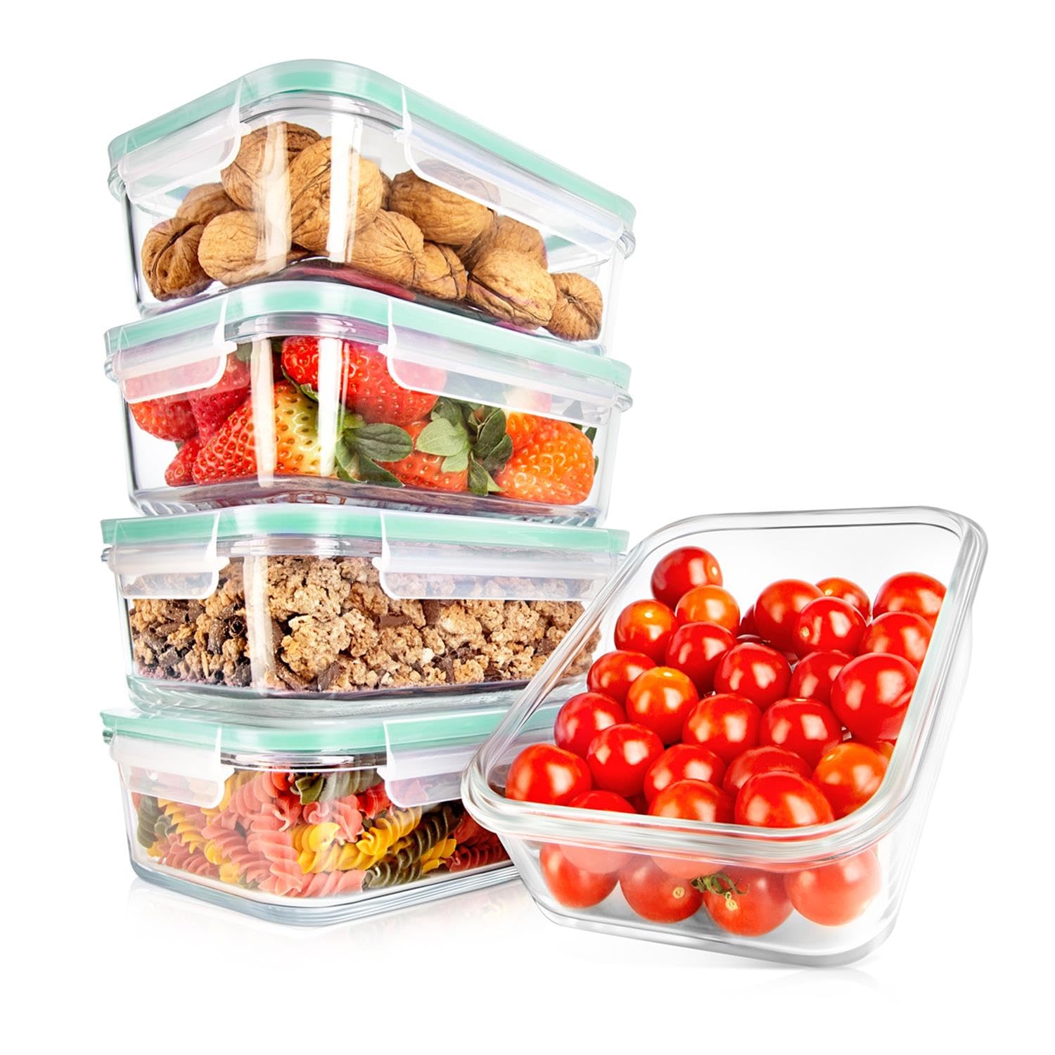 NutriChef 10-Piece Superior Glass Food Storage Containers Set (5 Containers + 5 Locking Lids),Stackable Meal-prep Design, BPA-free Airtight Clear Locking lids with Vent Lids & Air Hole, Green - Image 1