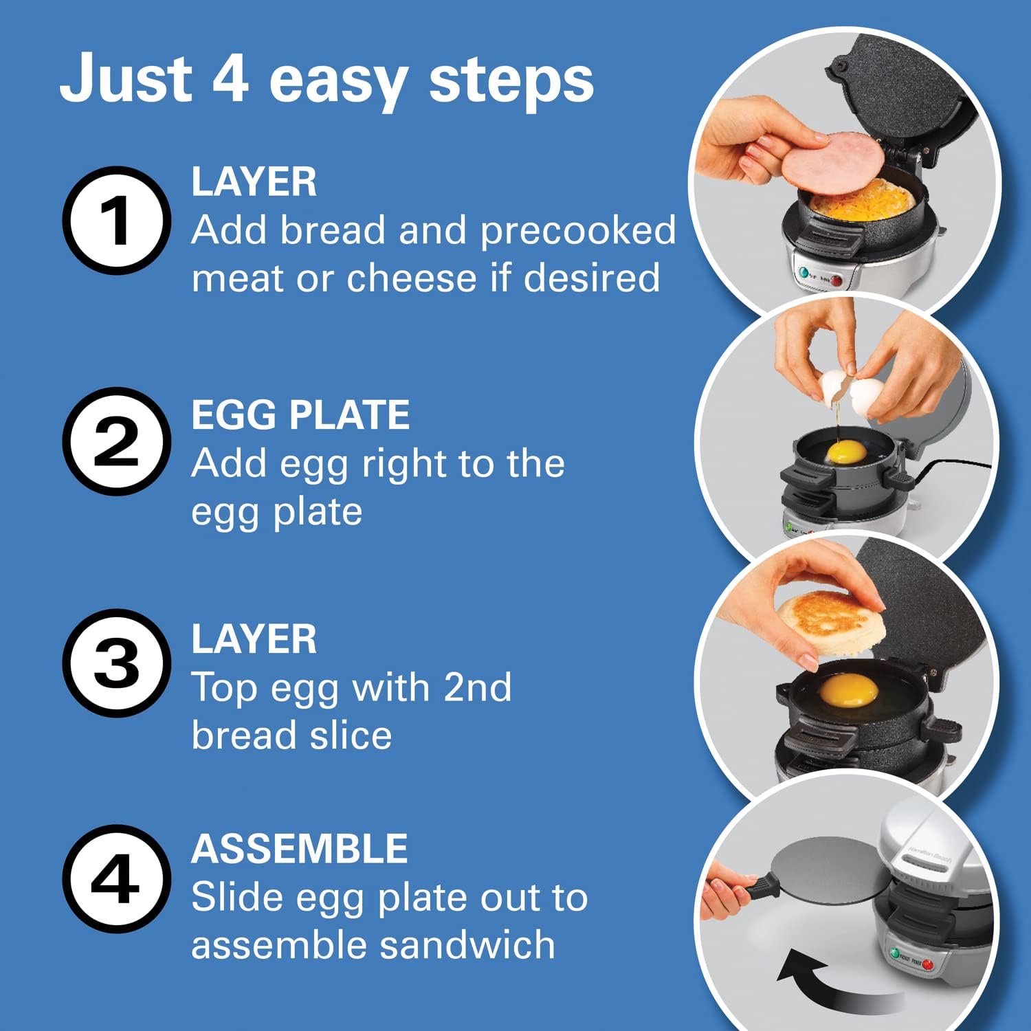Hamilton Beach Breakfast Sandwich Maker with Egg Cooker Ring, Customize Ingredients, Perfect for English Muffins, Croissants, Mini Waffles, Perfect White Elephant Gifts, Silver (25475) - Image 5