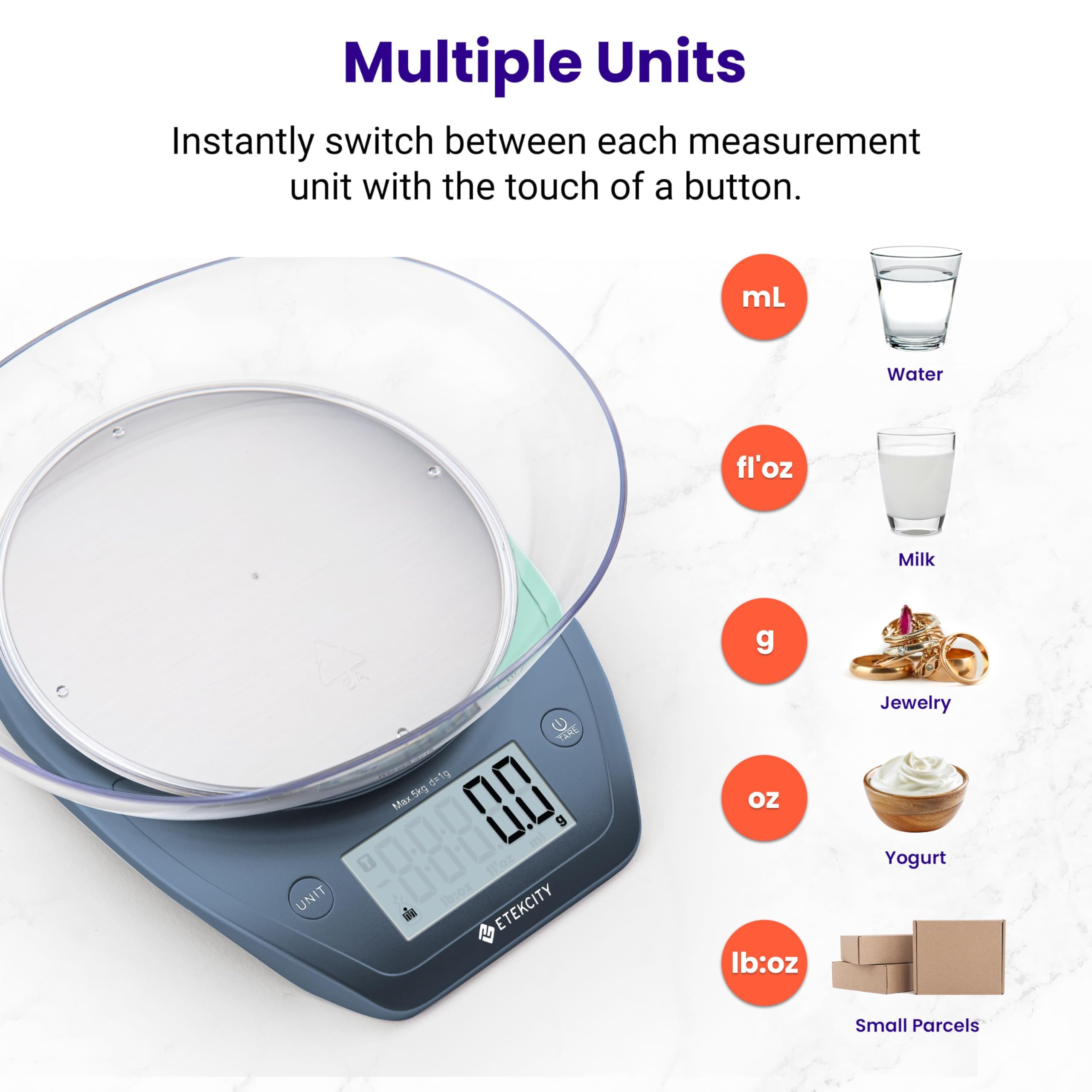 Etekcity 0.1g Food Scale, Bowl, Digital Grams and Ounces for Weight Loss, Dieting, Baking, Cooking, and Meal Prep, 11lb/5kg, Stainless Steel Prussian Blue - Image 5