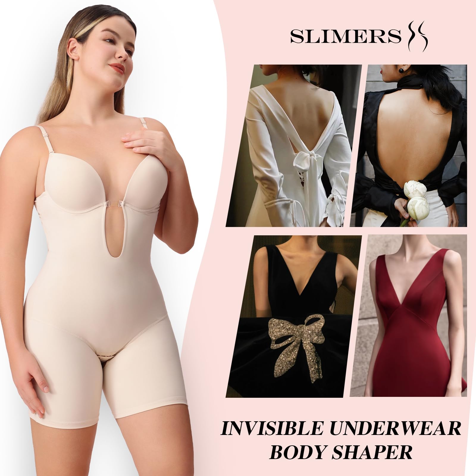 Slimers Backless Shapewear Strapless Bodysuit - Low Back Women Body Shaper : Slimming Built In Bra With Plunge Beige - Image 4