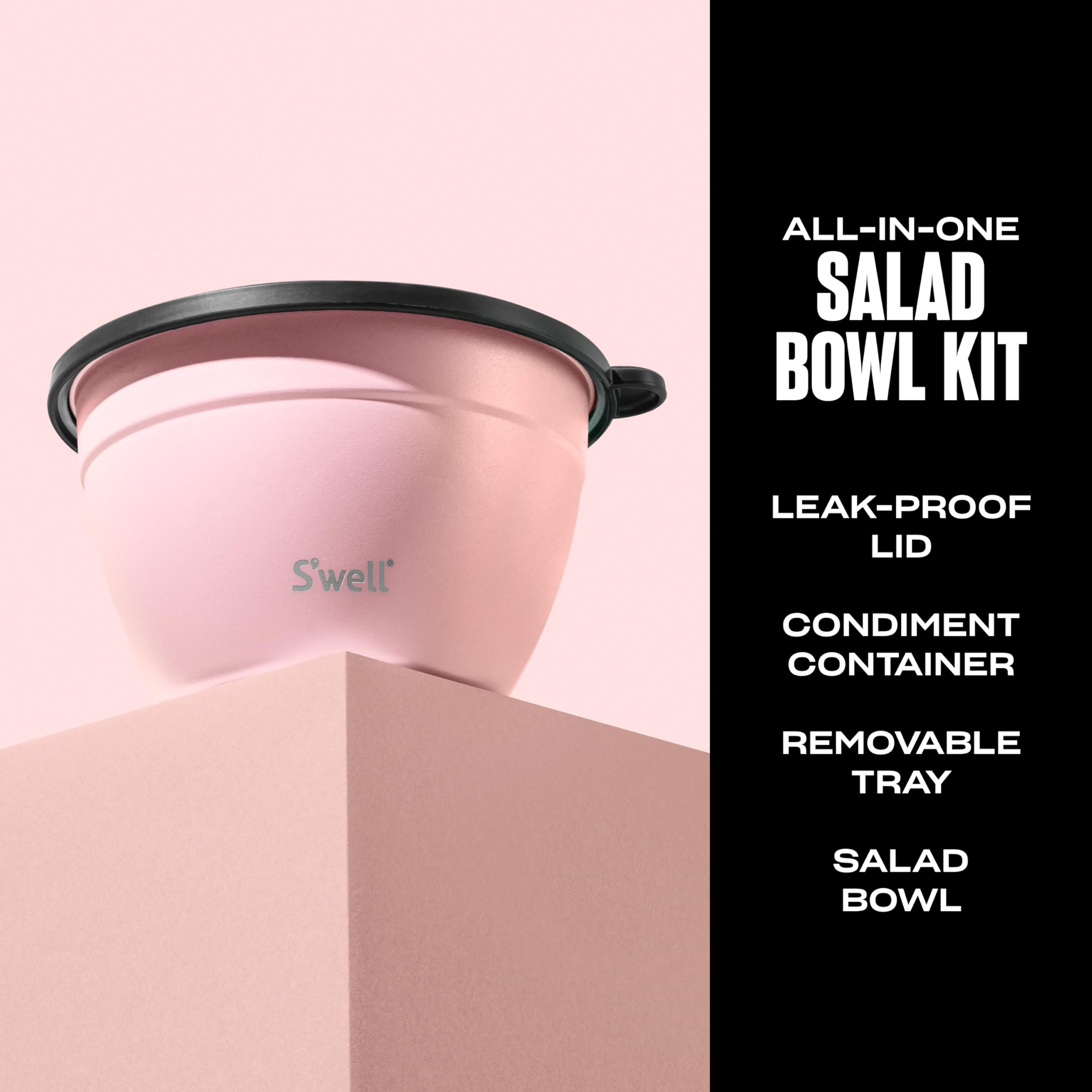 S’well Stainless Steel 64oz Salad Bowl Kit, Pink Topaz Color, Comes with 2oz Mini Canister and Removable Tray for Organization, Leakproof and Dishwasher Safe - Image 4