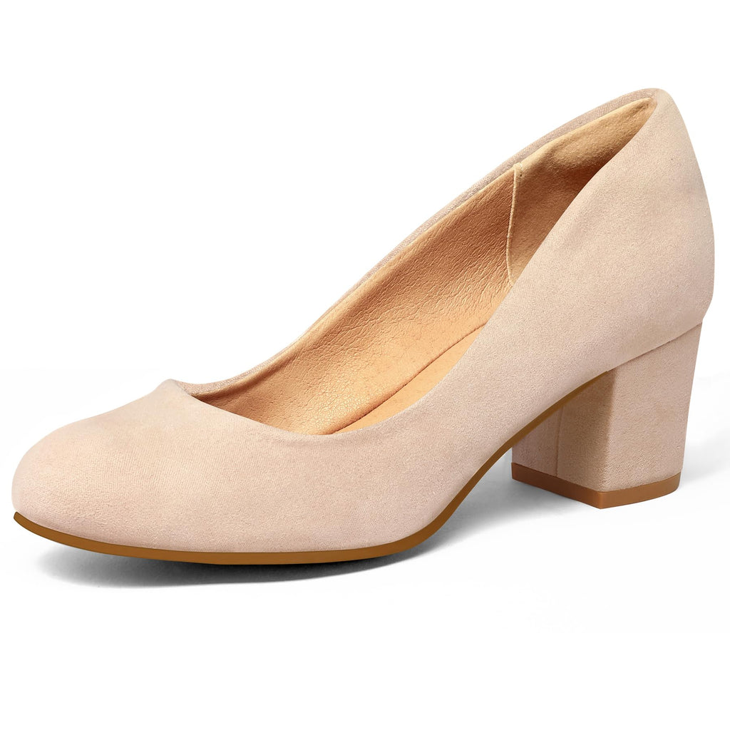 mysoft Women's Pumps Low Chunky Block Heel Round Toe Comfortable Dress Shoes Nude Suede - Image 1
