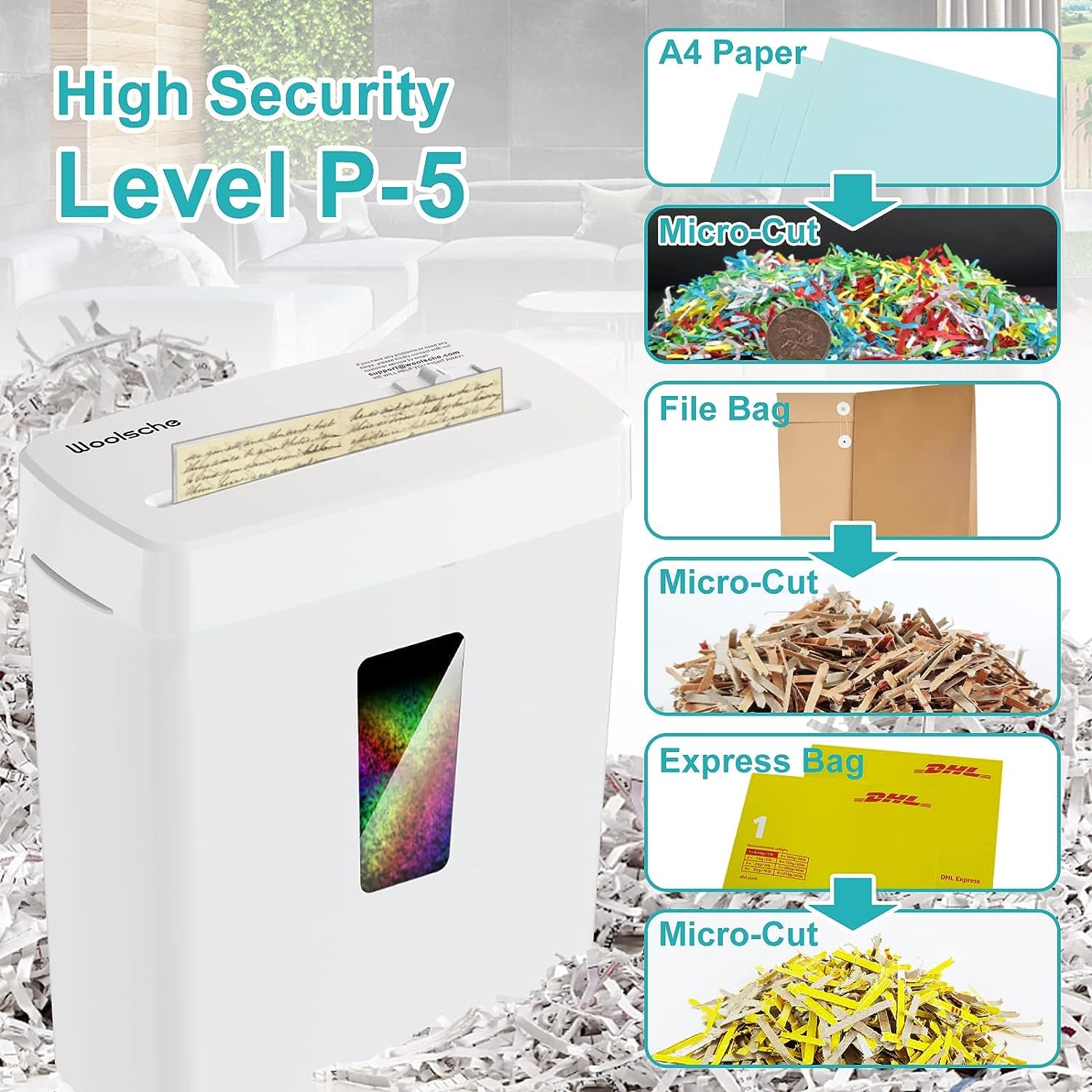Micro Cut Paper Shredder, P-5 Security, 5-Sheet, Jam Proof Design