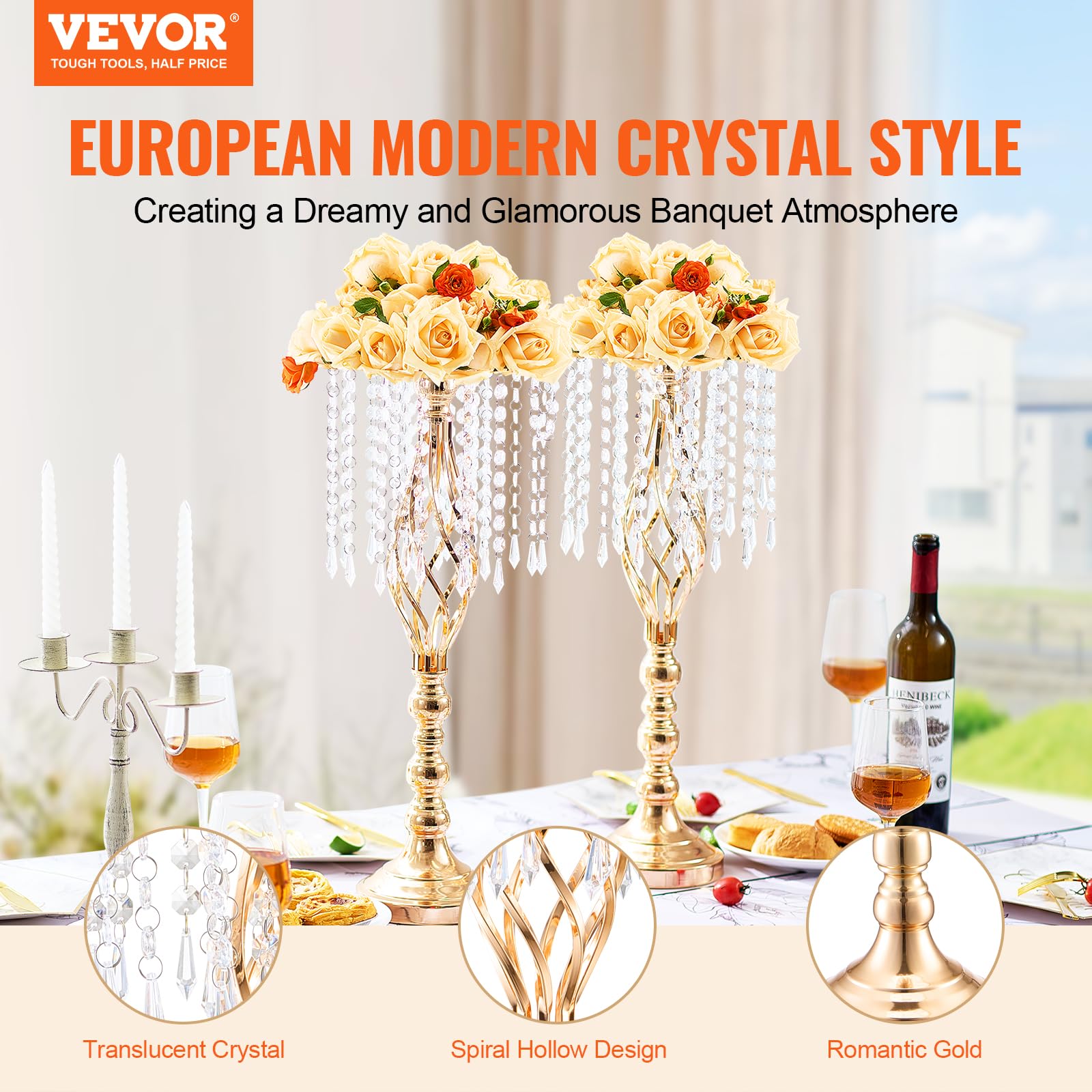 VEVOR Metal Wedding Centerpiece Gold,Crystal,2PCS 55cm/21.65” - Image 2