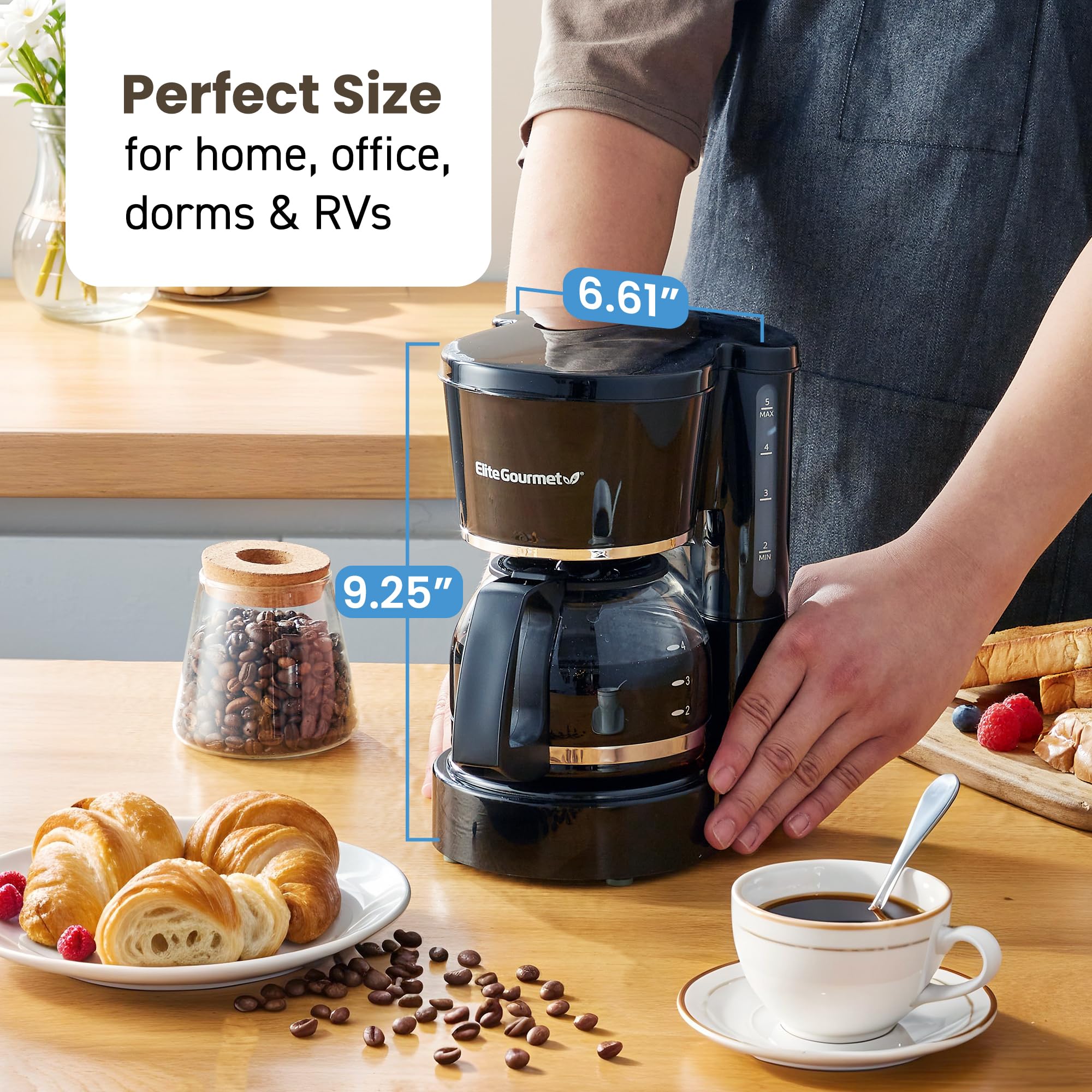 Elite Gourmet EHC-5055 Automatic 5-Cup Brew & Drip Coffee Maker with Pause N Serve Reusable Filter, On/Off Switch, Water Level Indicator - Image 4
