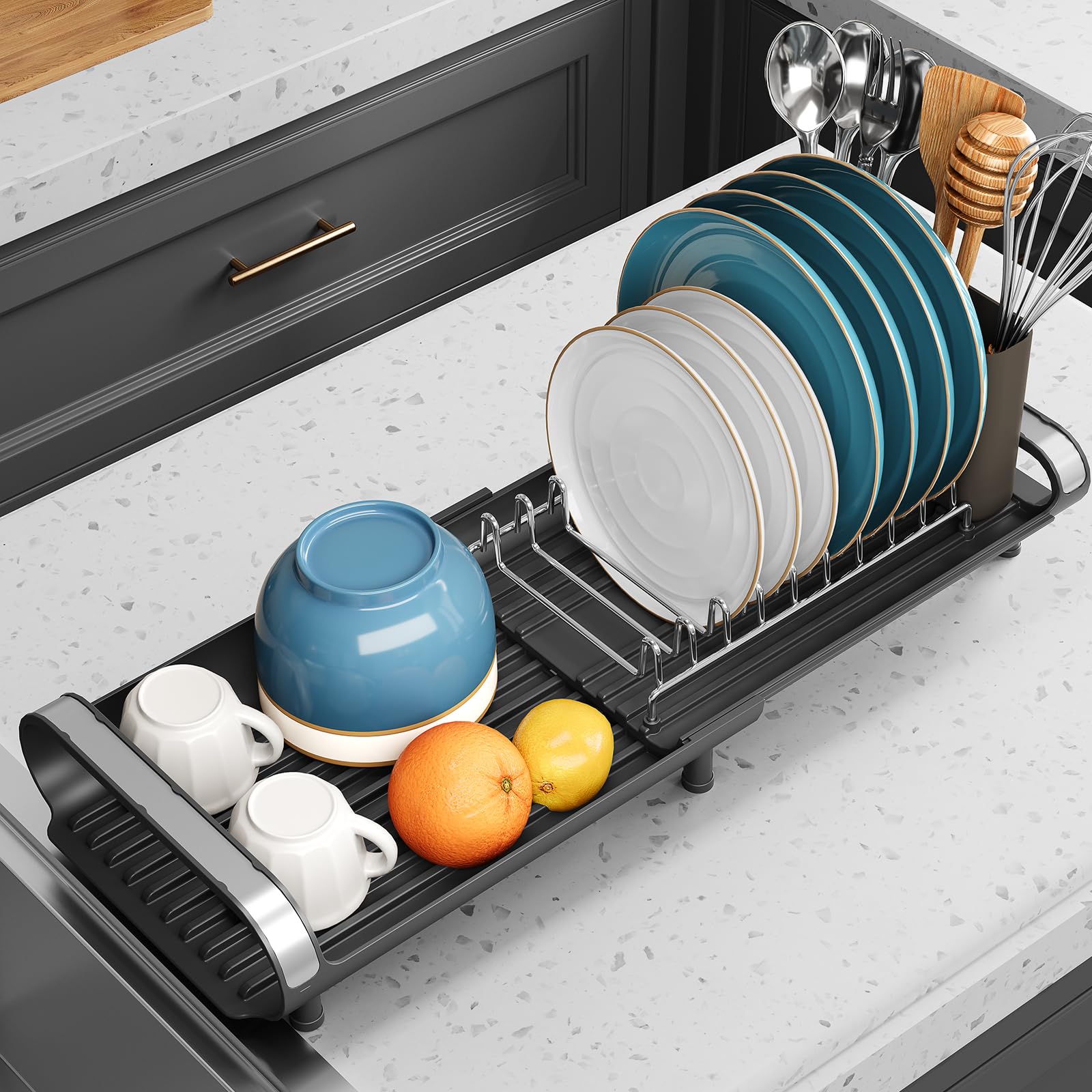 Mini Expandable Dish Drying Rack, Stainless Steel, Black, Compact Design