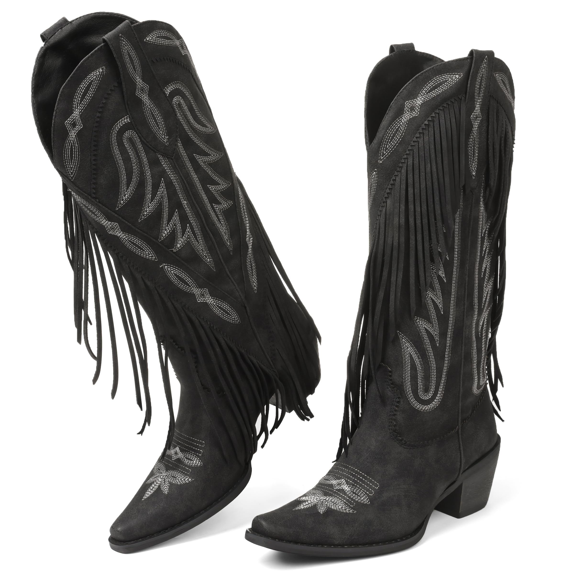 Grakihily Cowgirl Boots for Women Retro Pointed Toe Pull On Block Chunky Heel Embroide Tassel Country Concert Outfits Mid Calf Western Fringe Cowboy Boots,Black Suede Size 9.5 - Image 1