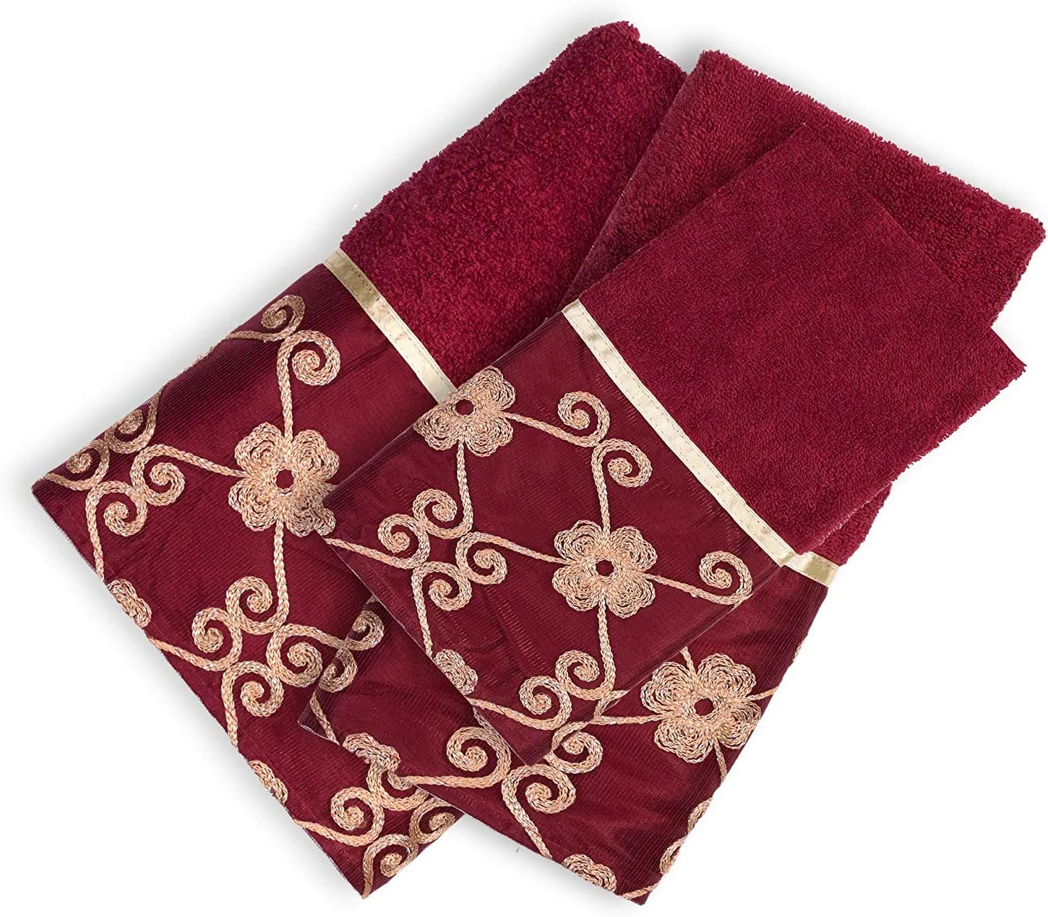 Popular Bath Bath Towels, Vlegant Rosa Collection, 21" x 12", Burgundy/Gold - Image 1