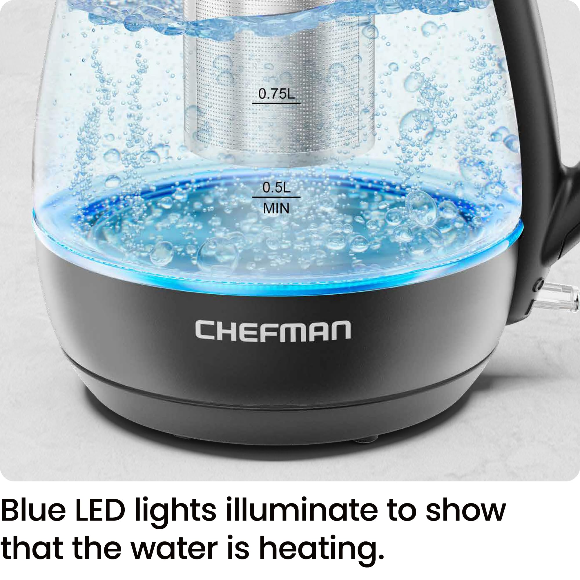 Chefman Electric Kettle with Tea Infuser, 1L 1500W, Removable Lid for Easy Cleaning, Boil-Dry Protection, Stainless Steel Filter, BPA Free, Auto Shut Off Hot Water Boiler, Small Electric Tea Kettle - Image 3