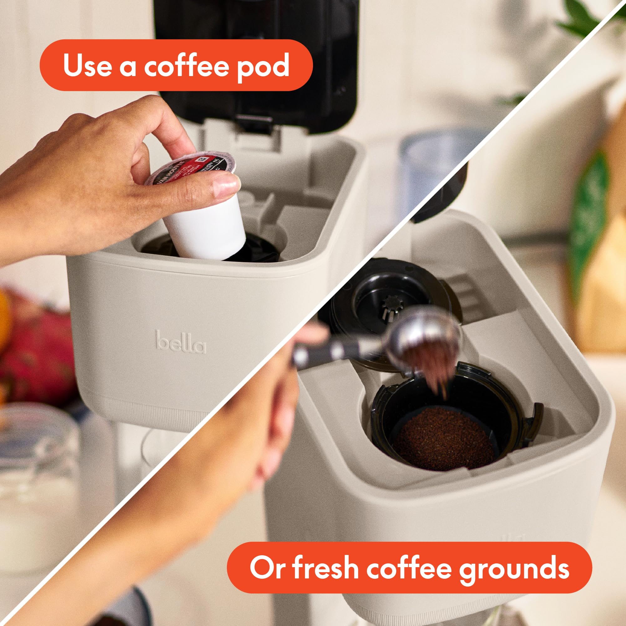 BELLA Single Serve Coffee Maker, K Cup & Coffee Ground Compatible with Removable, Adjustable Drip Tray, Auto Shutoff & Reusable Dishwasher Safe Accessories, Brews 6oz to 14oz, 1000 Watt, Oatmilk - Image 2