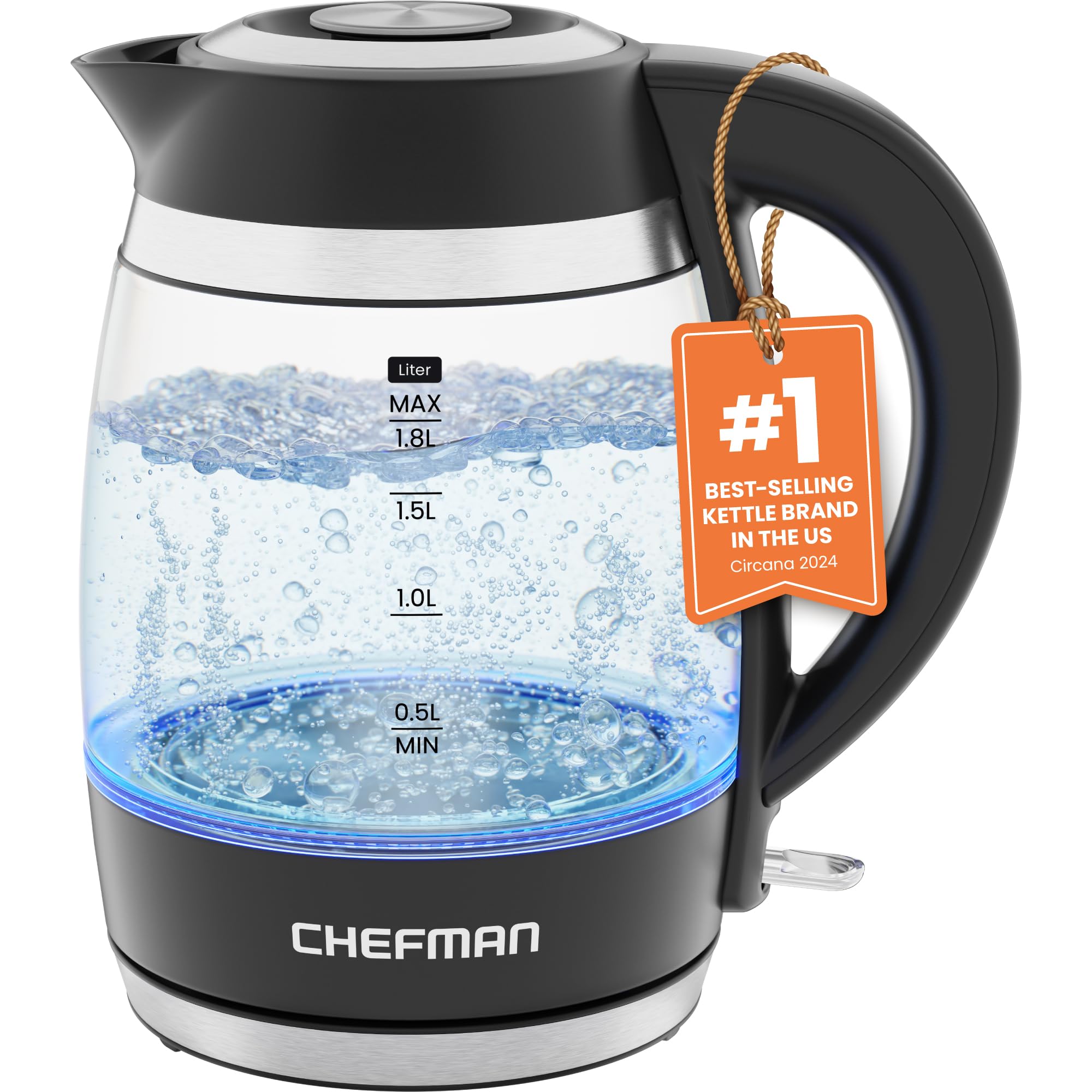 Chefman Electric Kettle, 1.8L 1500W, Hot Water Boiler, Removable Lid for Easy Cleaning, Auto Shut Off, Boil-Dry Protection, Stainless Steel Filter, BPA Free, Borosilicate Glass Electric Tea Kettle - Image 1