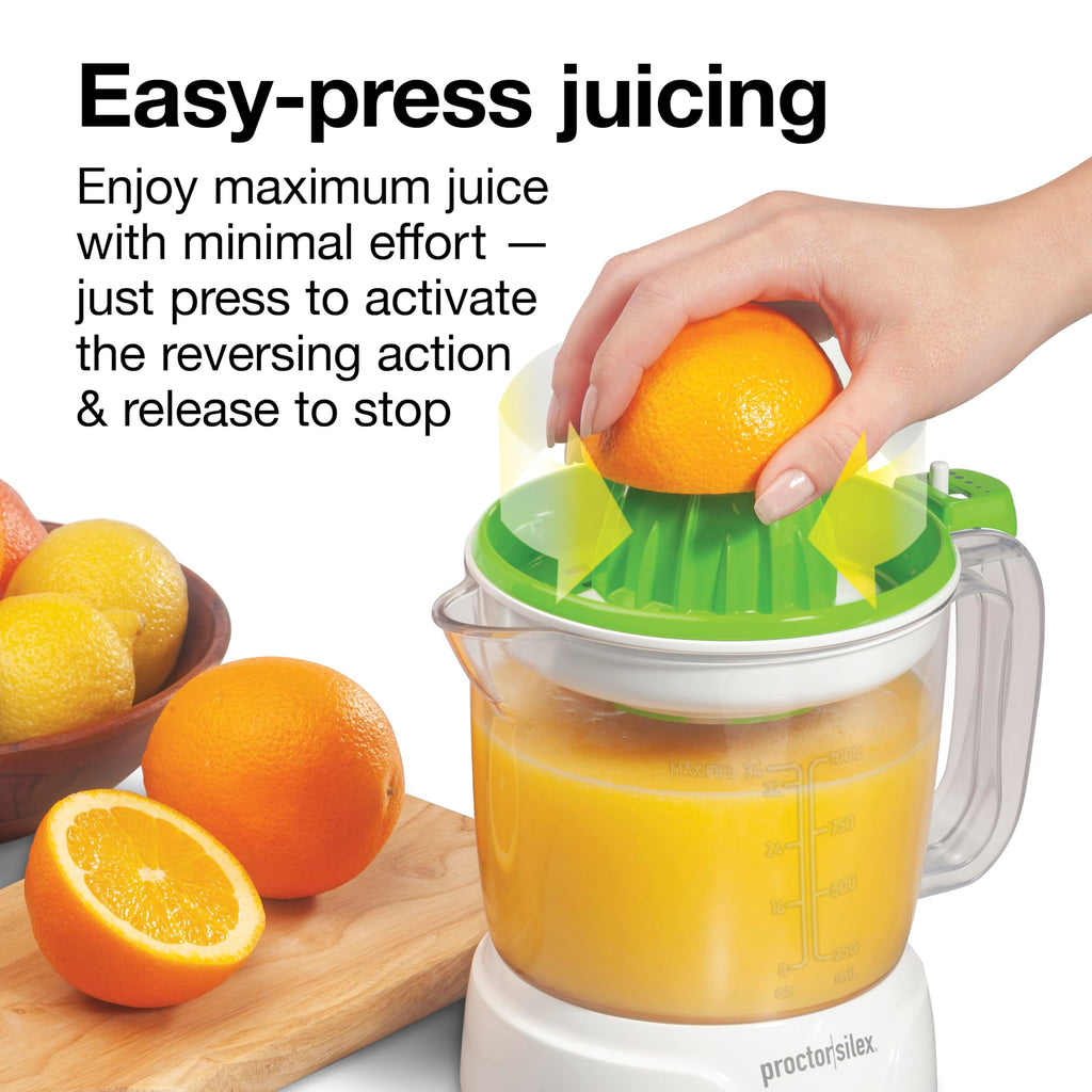 Proctor Silex Electric Citrus Juicer Machine, Large 34 oz. Pitcher, Pressure Activated, 2 Reamers for Big and Small Fruit, Pulp Control, for Orange, Lemon, Grapefruit Juice, White & Green (66340) - Image 3