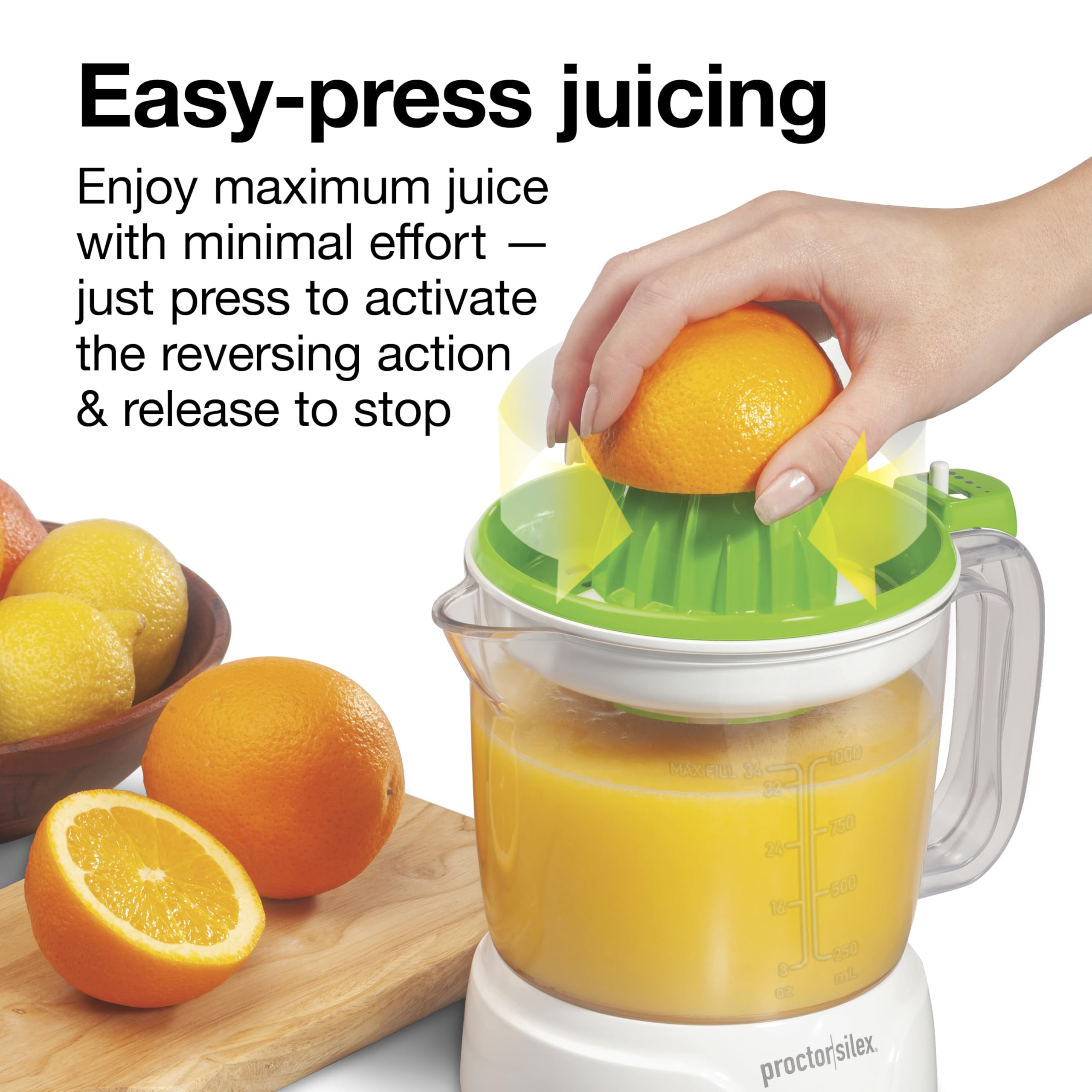 Proctor Silex Electric Citrus Juicer Machine, Large 34 oz. Pitcher, Pressure Activated, 2 Reamers for Big and Small Fruit, Pulp Control, for Orange, Lemon, Grapefruit Juice, White & Green (66340) - Image 3