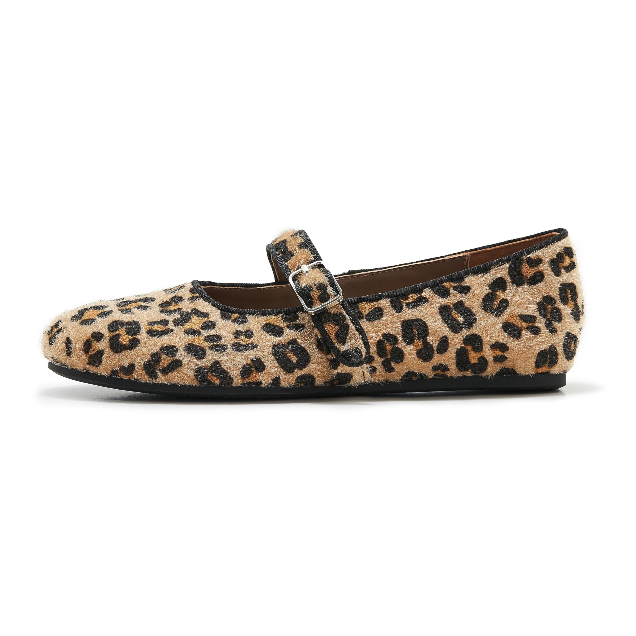 ATBELL Leopard Calf Hair Ballet Flat for Women Round Toe Buckle Strap Slip On Mary Jane Flat Comfortable Casual Ballerina Shoes in Size 8.5 - Image 1