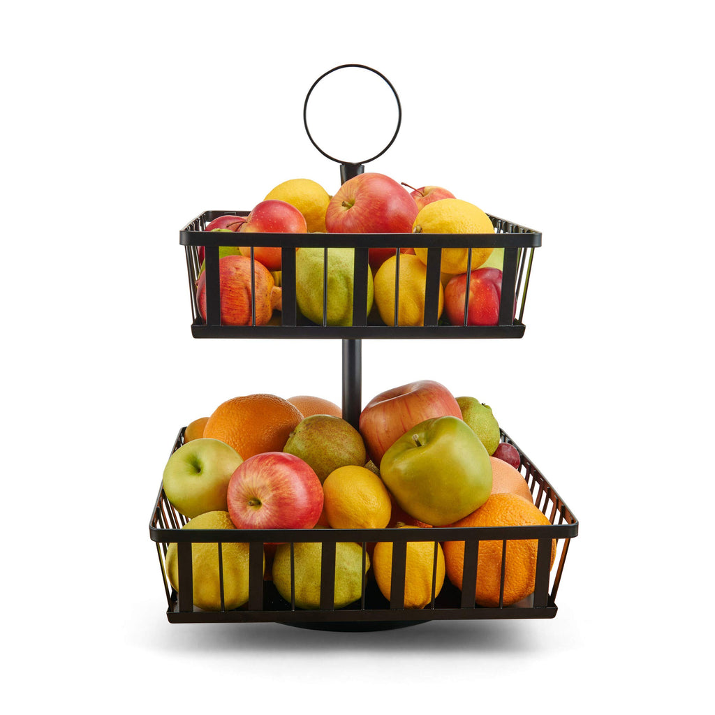Gourmet Basics by Mikasa 2-Tier Rotating Storage Basket, Handcrafted Carbon Steel for Kitchen Fruit Basket or Bathroom Organizer - Black - Easy Access with Rotating Feature, Iron Basket with Handle - Image 2