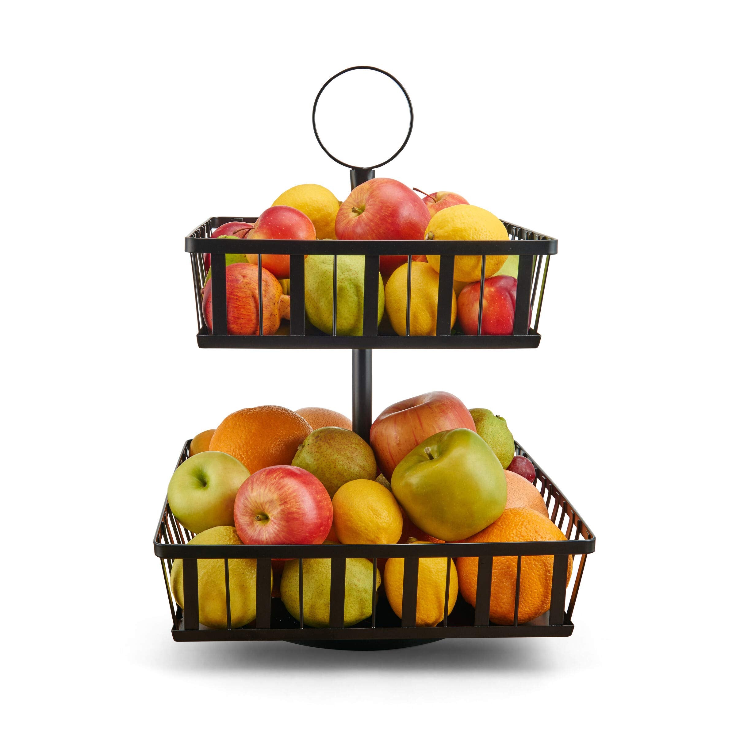 Gourmet Basics by Mikasa 2-Tier Rotating Storage Basket, Handcrafted Carbon Steel for Kitchen Fruit Basket or Bathroom Organizer - Black - Easy Access with Rotating Feature, Iron Basket with Handle - Image 2
