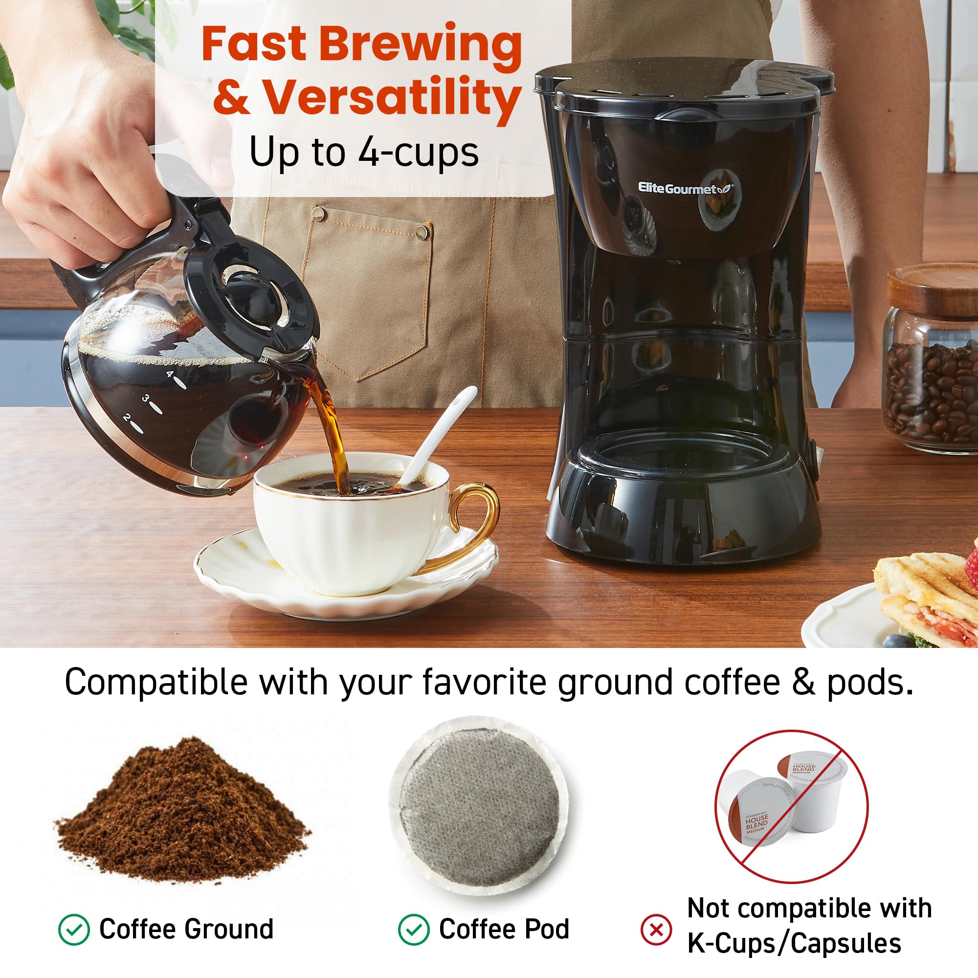 Elite Gourmet EHC4128 Automatic 4-Cup Brew & Drip Coffee Maker with Pause N Serve, Glass Carafe, Reusable Filter, On/Off Switch, Keep Warm, Water Level Indicator, Black - Image 2