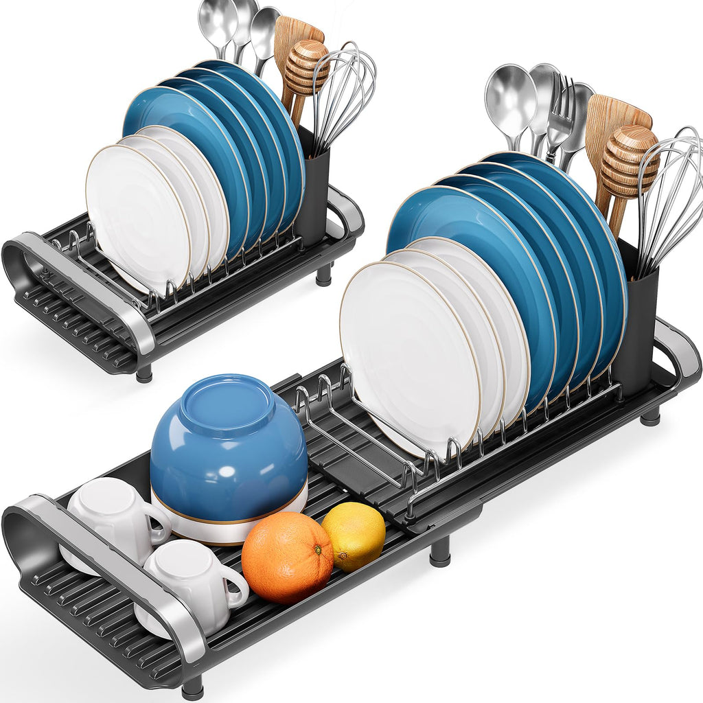Mini Expandable Dish Drying Rack, Stainless Steel, Black, Compact Design