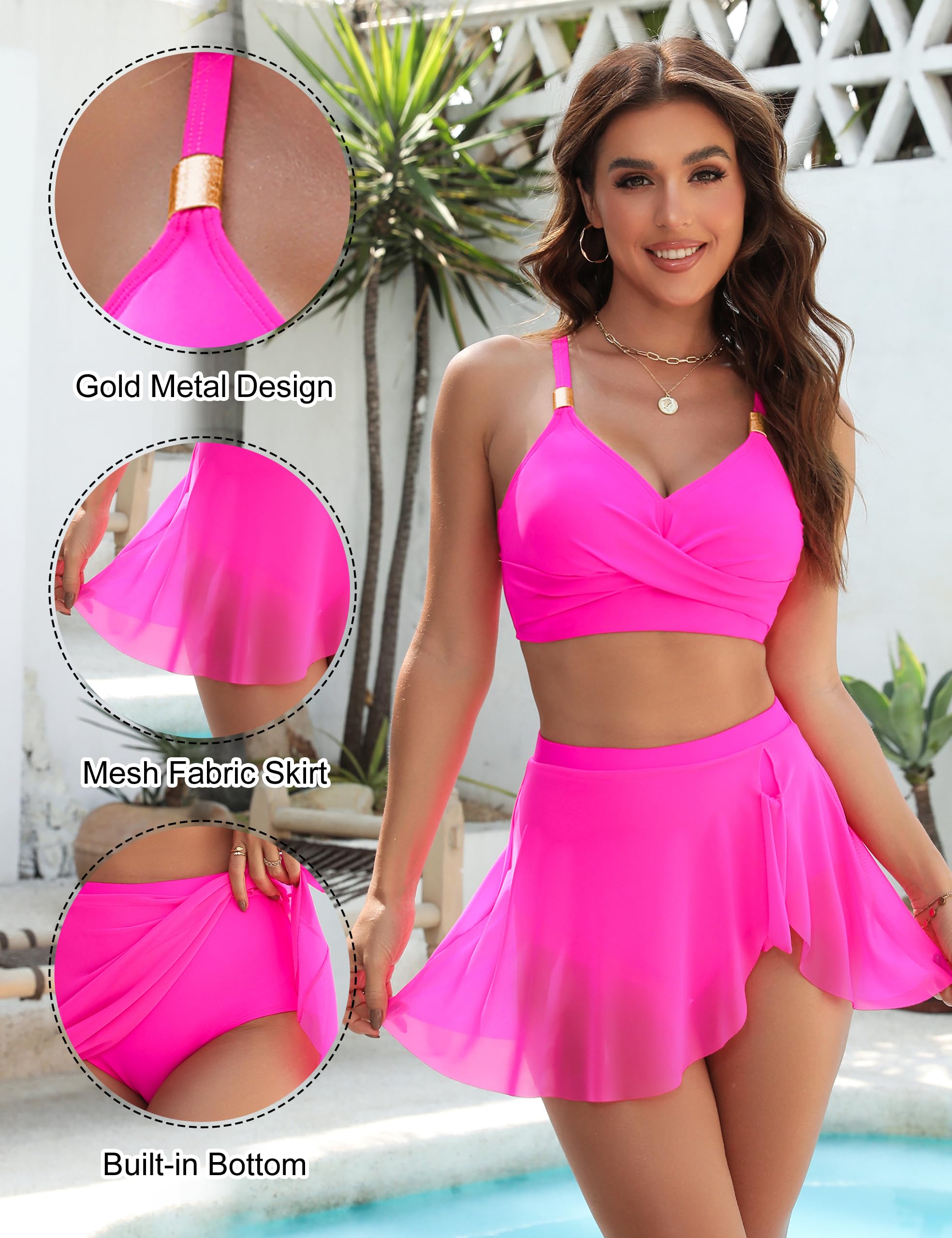 Blooming Jelly Womens High Waisted Bikini Sets Modest Two Piece Swim Suits 2 Piece Modest 2025 Swimsuit (L, Hot Pink) - Image 2