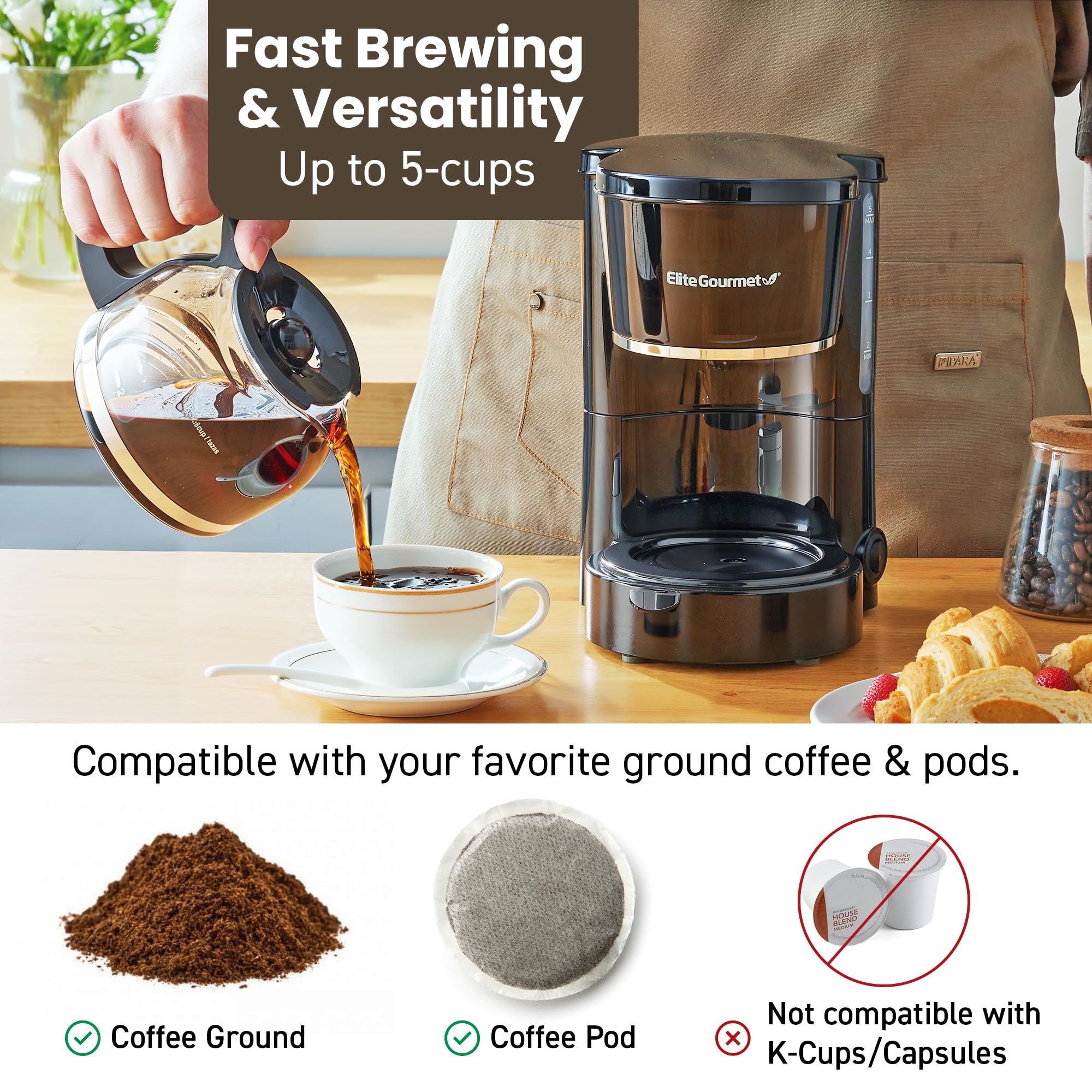 Elite Gourmet EHC-5055 Automatic 5-Cup Brew & Drip Coffee Maker with Pause N Serve Reusable Filter, On/Off Switch, Water Level Indicator - Image 5