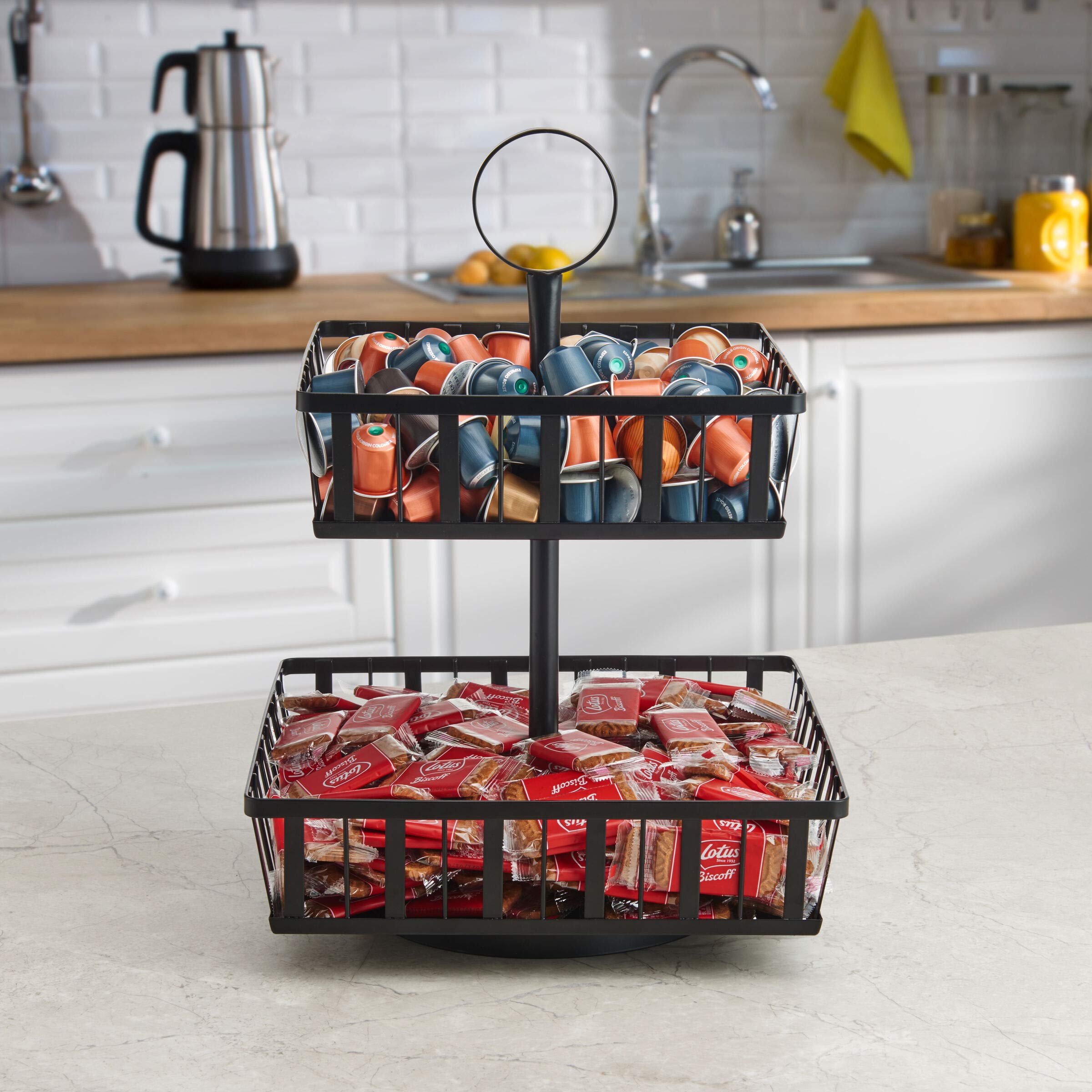 Gourmet Basics by Mikasa 2-Tier Rotating Storage Basket, Handcrafted Carbon Steel for Kitchen Fruit Basket or Bathroom Organizer - Black - Easy Access with Rotating Feature, Iron Basket with Handle - Image 4