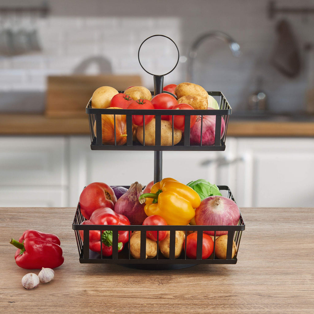 Gourmet Basics by Mikasa 2-Tier Rotating Storage Basket, Handcrafted Carbon Steel for Kitchen Fruit Basket or Bathroom Organizer - Black - Easy Access with Rotating Feature, Iron Basket with Handle - Image 5