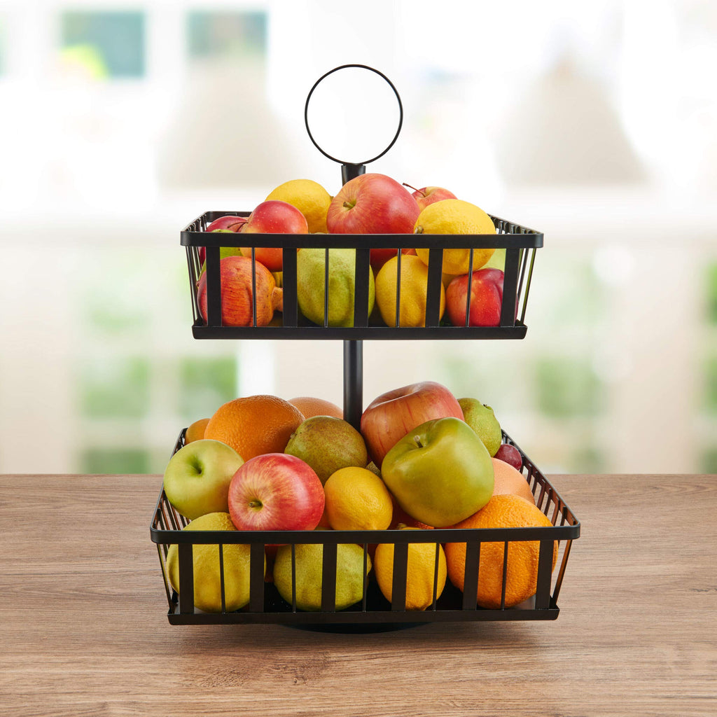 Gourmet Basics by Mikasa 2-Tier Rotating Storage Basket, Handcrafted Carbon Steel for Kitchen Fruit Basket or Bathroom Organizer - Black - Easy Access with Rotating Feature, Iron Basket with Handle - Image 3