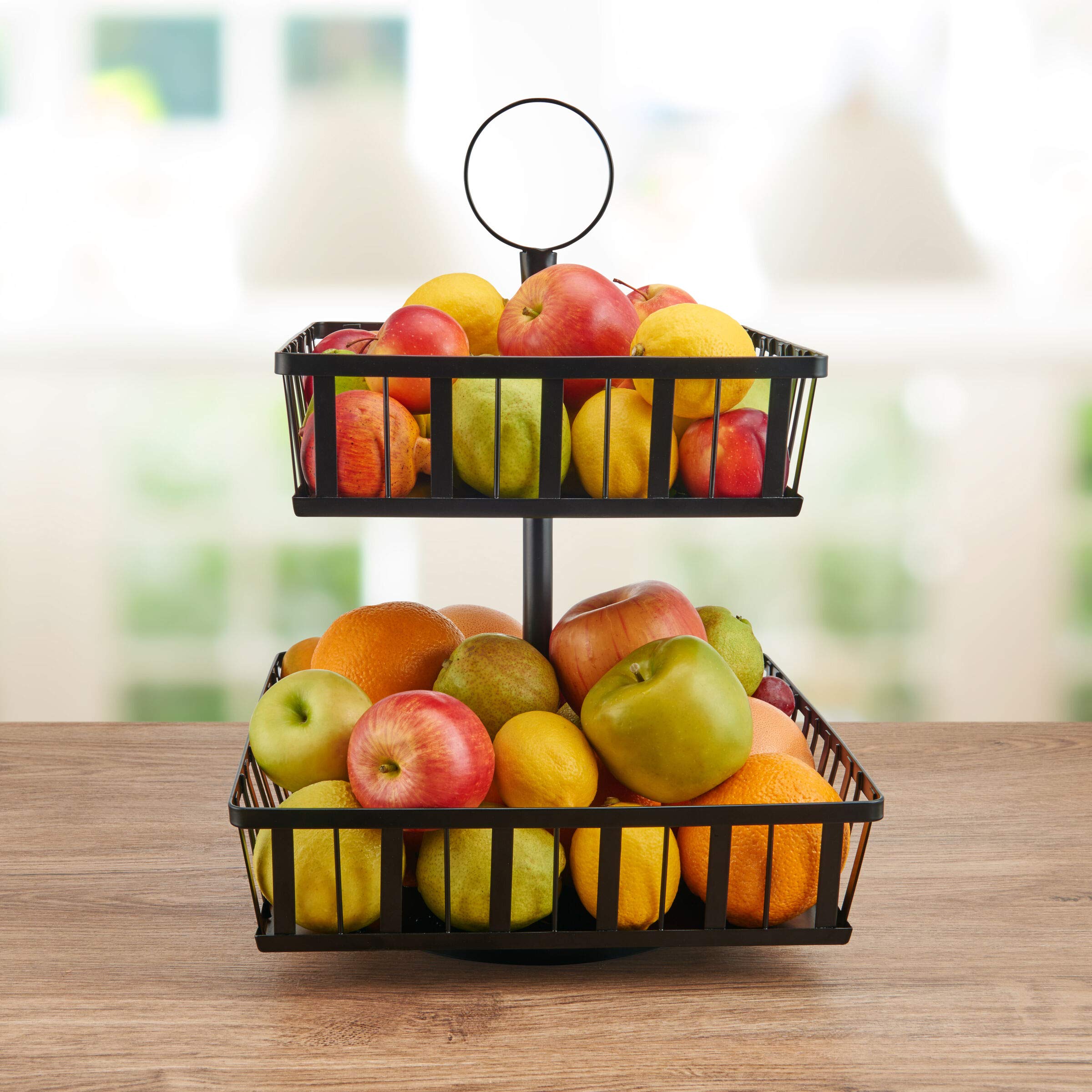Gourmet Basics by Mikasa 2-Tier Rotating Storage Basket, Handcrafted Carbon Steel for Kitchen Fruit Basket or Bathroom Organizer - Black - Easy Access with Rotating Feature, Iron Basket with Handle - Image 3