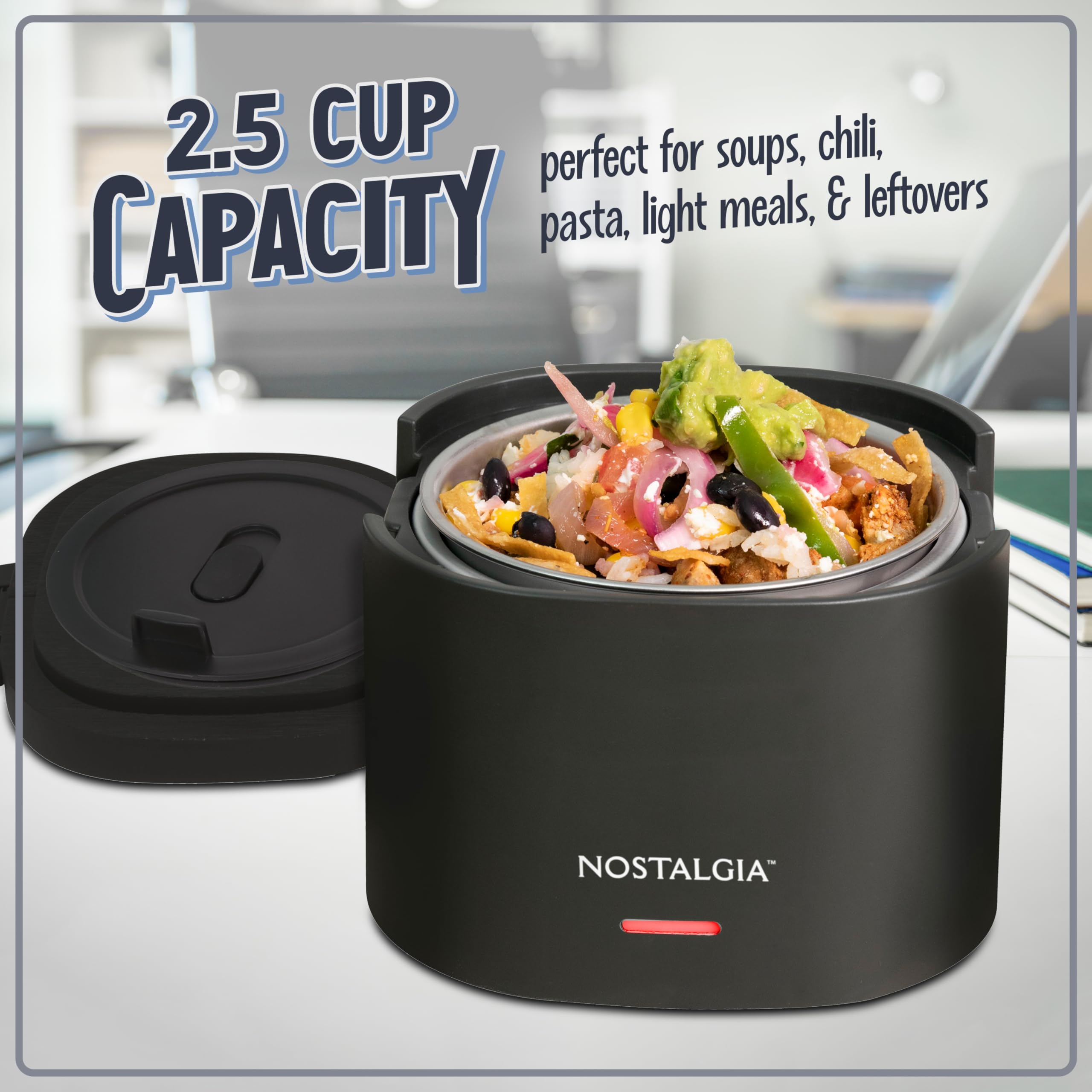 Nostalgia Portable 20-Ounce Electric Heated Lunch Box – Travel Size 2.5 Cup Capacity for Soup, Chili, and Leftovers – Leak Proof Silicone Sealed Lid, Foldable Carry Handle, Detachable Cord – Black - Image 4