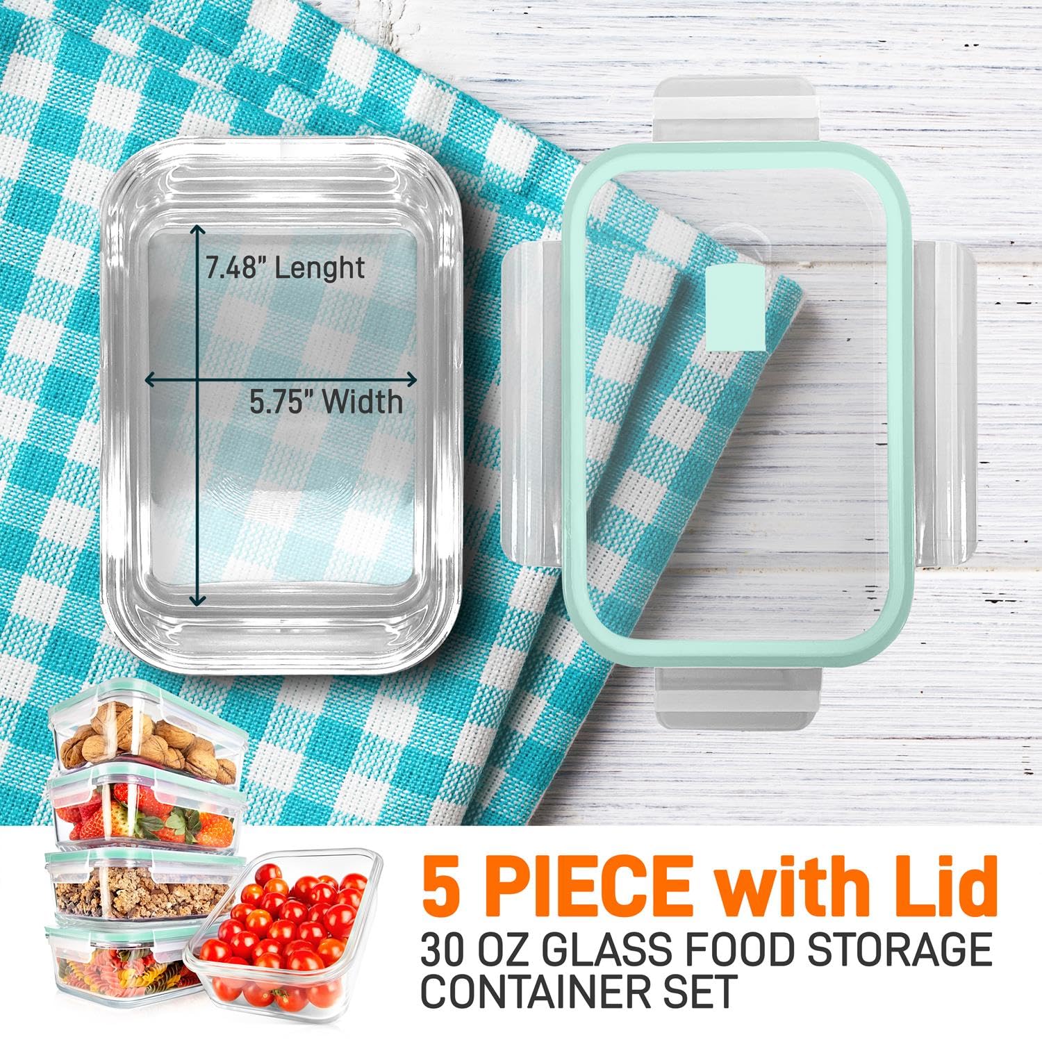 NutriChef 10-Piece Superior Glass Food Storage Containers Set (5 Containers + 5 Locking Lids),Stackable Meal-prep Design, BPA-free Airtight Clear Locking lids with Vent Lids & Air Hole, Green - Image 2
