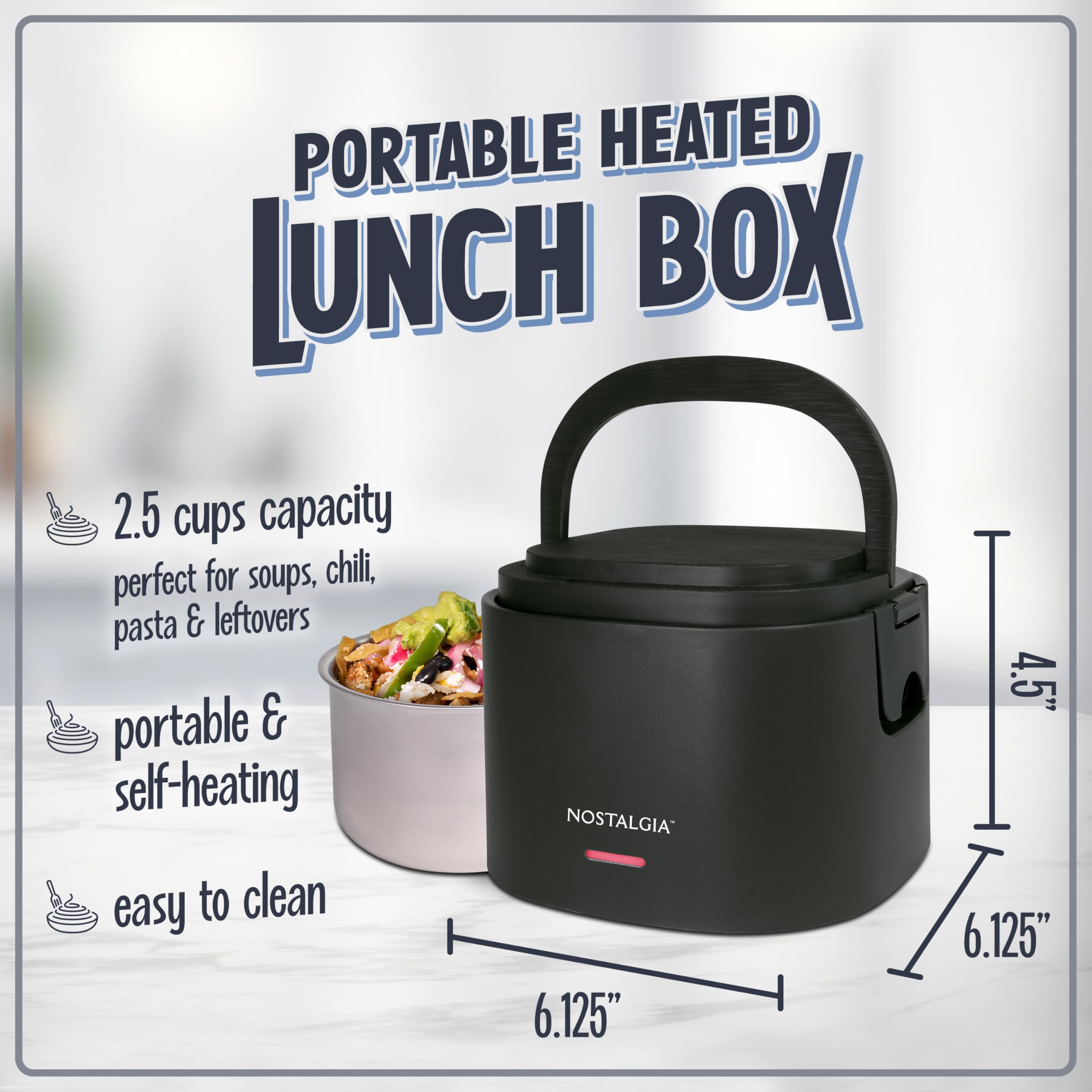 Nostalgia Portable 20-Ounce Electric Heated Lunch Box – Travel Size 2.5 Cup Capacity for Soup, Chili, and Leftovers – Leak Proof Silicone Sealed Lid, Foldable Carry Handle, Detachable Cord – Black - Image 2