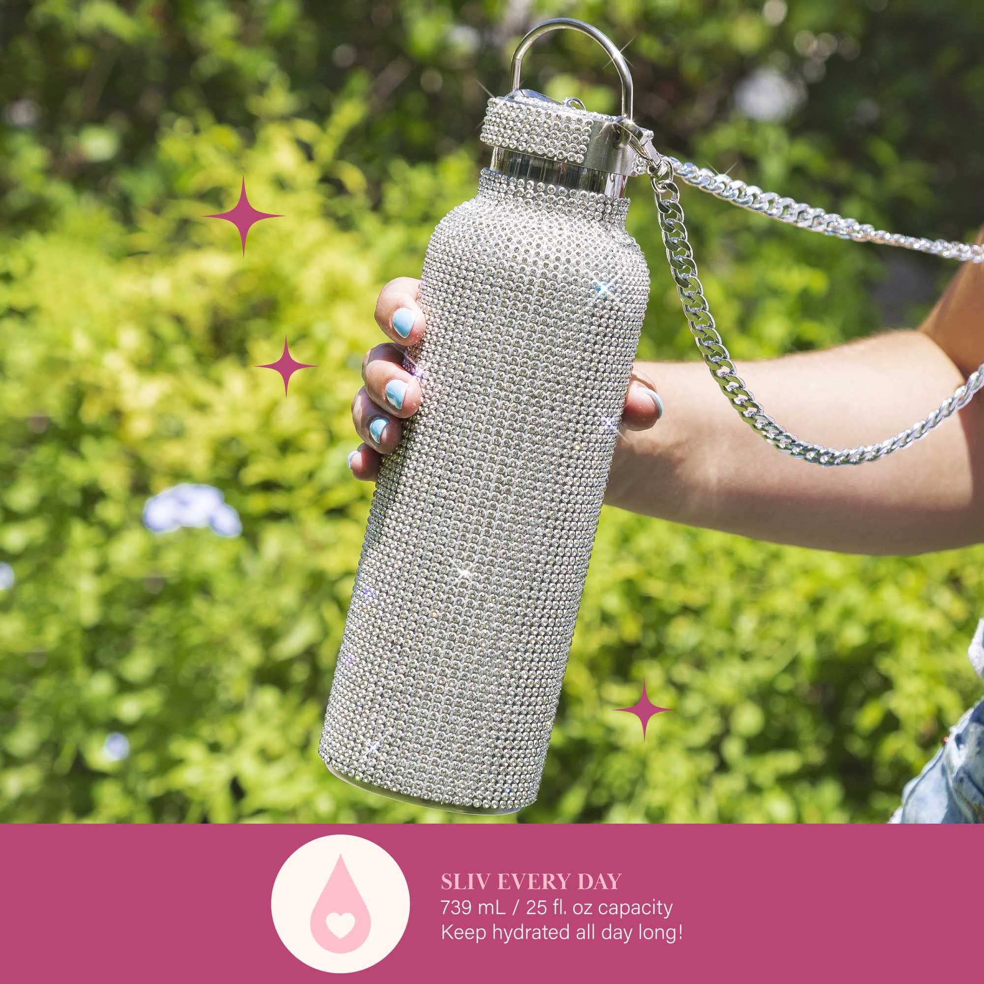 Paris Hilton Diamond Bling Water Bottle With Lid And Removable Carrying Strap, Stainless Steel Vacuum Insulated, Bedazzled With Over 5000 Rhinestones, 25-Ounce, Silver - Image 4