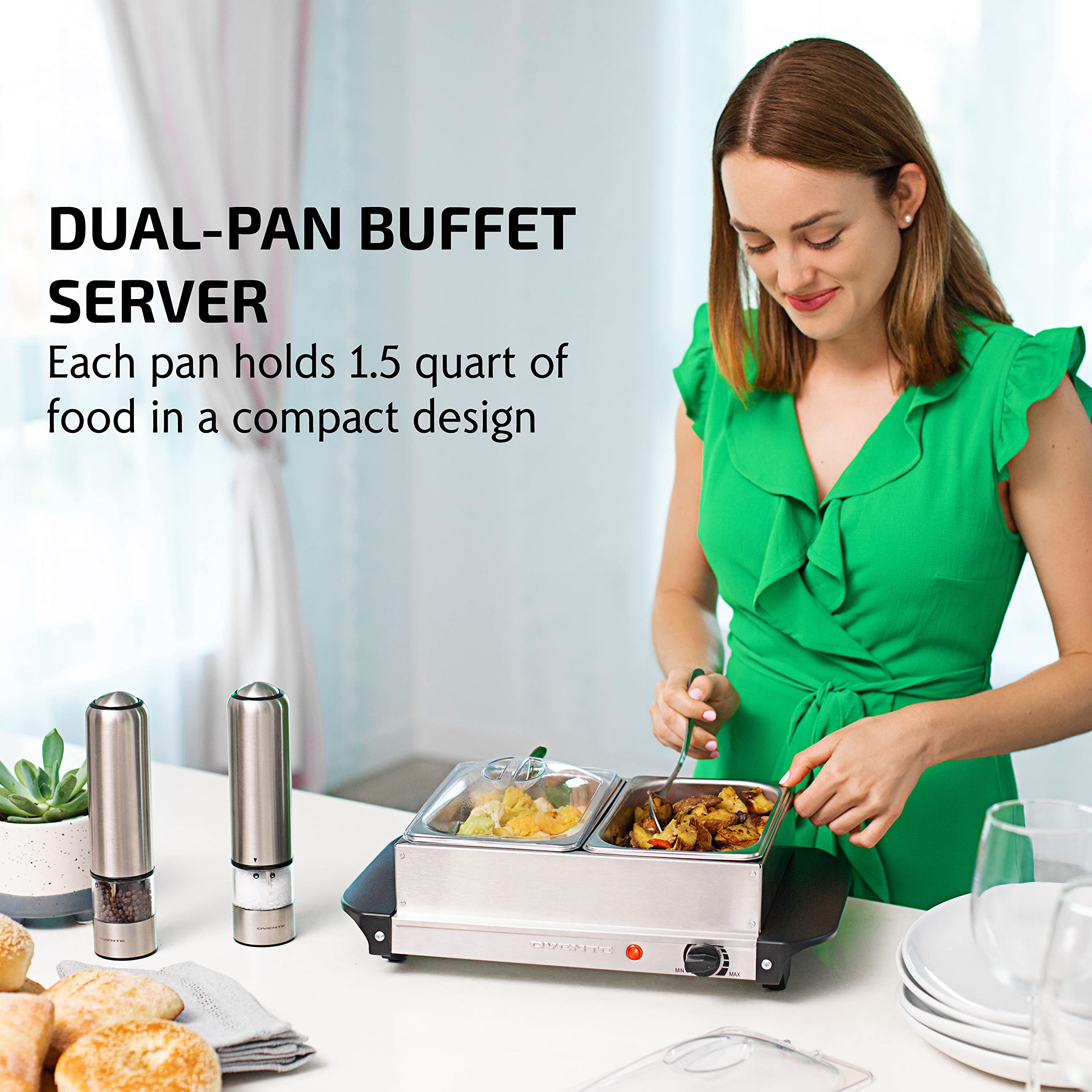 OVENTE Electric Buffet Server & Food Warmer with Two 1.5 Qt Stainless Steel Chafing Dishes, Adjustable Temperature Control – Warming Tray for Parties, Dinners & Events, Silver FW152S - Image 4