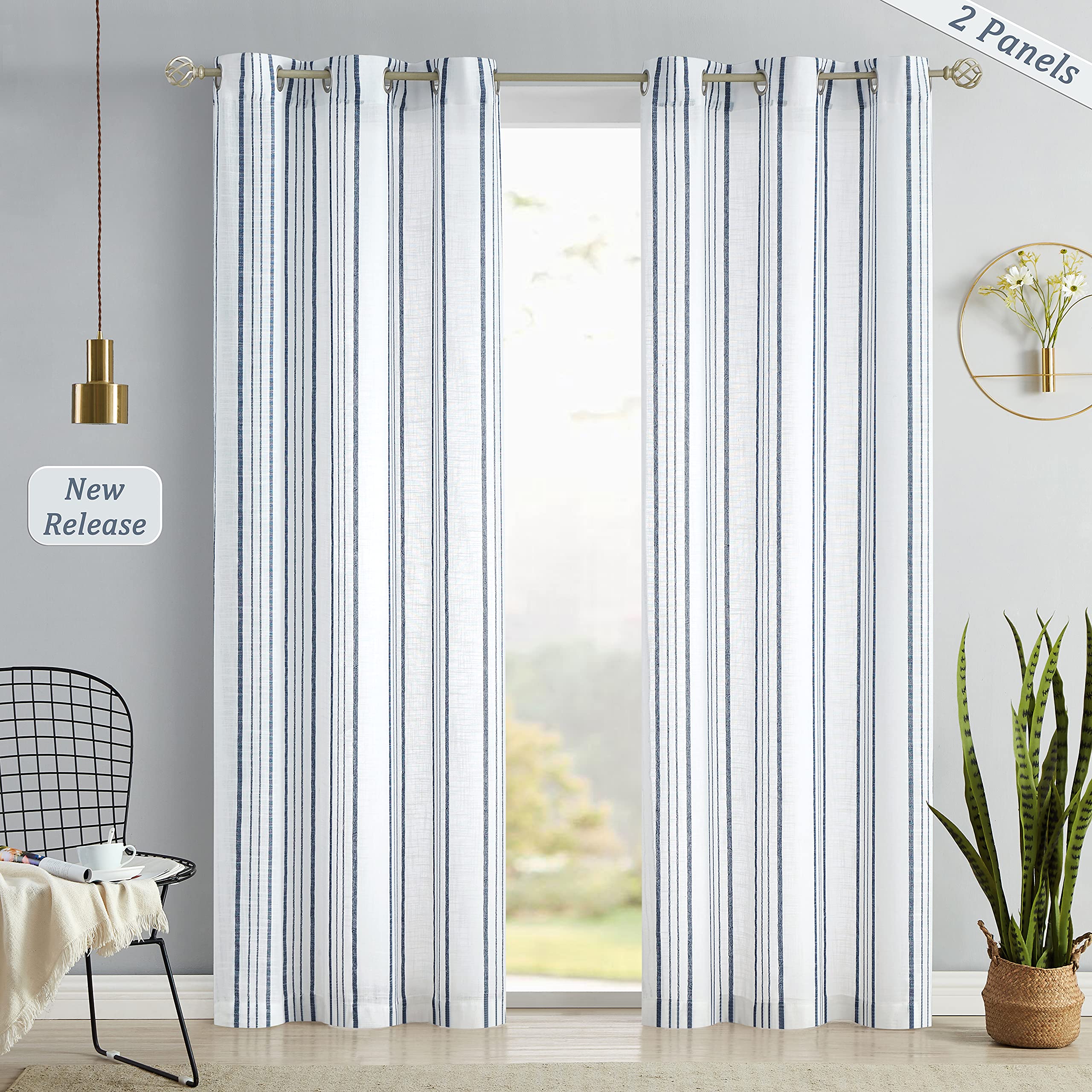 Rustic Blue Striped Window Curtains, 42"W x 63"L, 2 Panels, Grommet