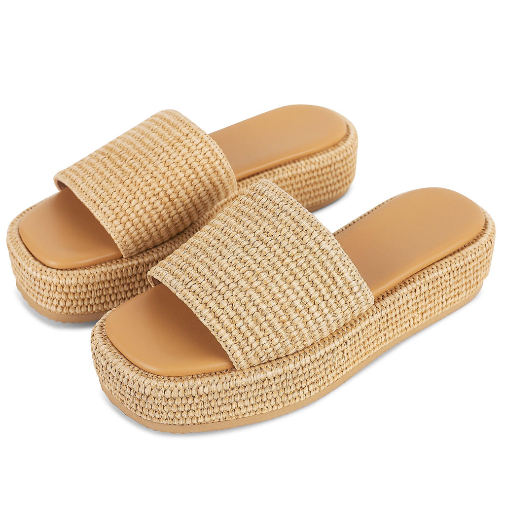 EQAUDES Platform Wedge Espadrille Sandals for Women Summer Beach Outdoor Straw Raffia Sandal Comfortable Brown Vacation Sandals for Women - Image 5