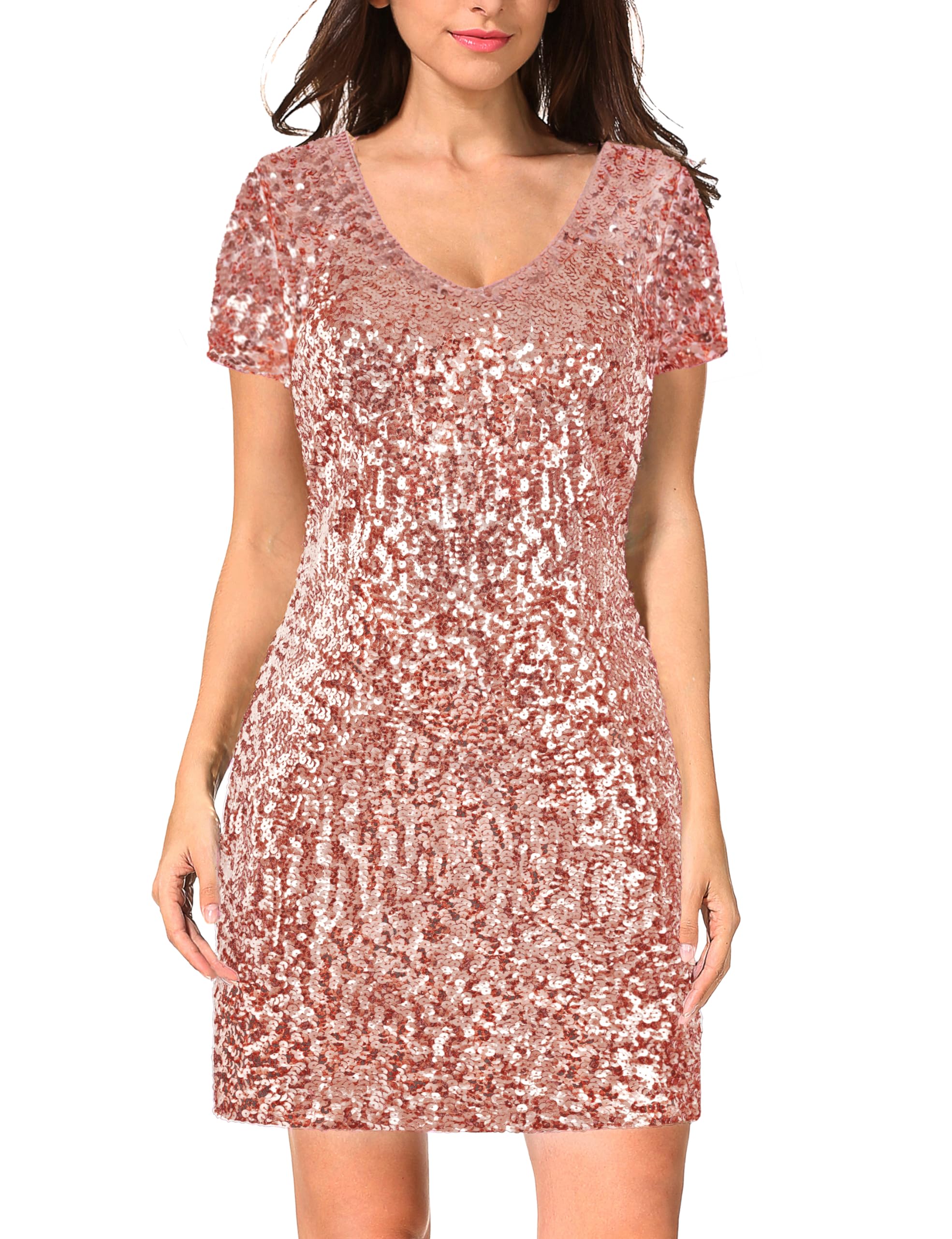 MANER Women's Sequin Glitter Short Sleeve Dress Sexy V Neck Mini Party Club Bodycon Dresses (Large, Rose Gold) - Image 1