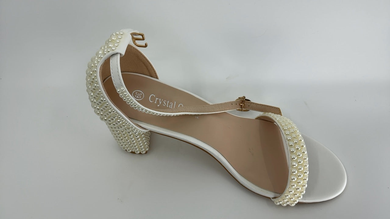 2.95'' Full Pearls Block Heels Sandals Peep Toe Rhinestone Women's Chunky Heel Pump Shoes For Bride Wedding Party Evening Dress Shoes C07ALWP-Beige-39 - Image 2