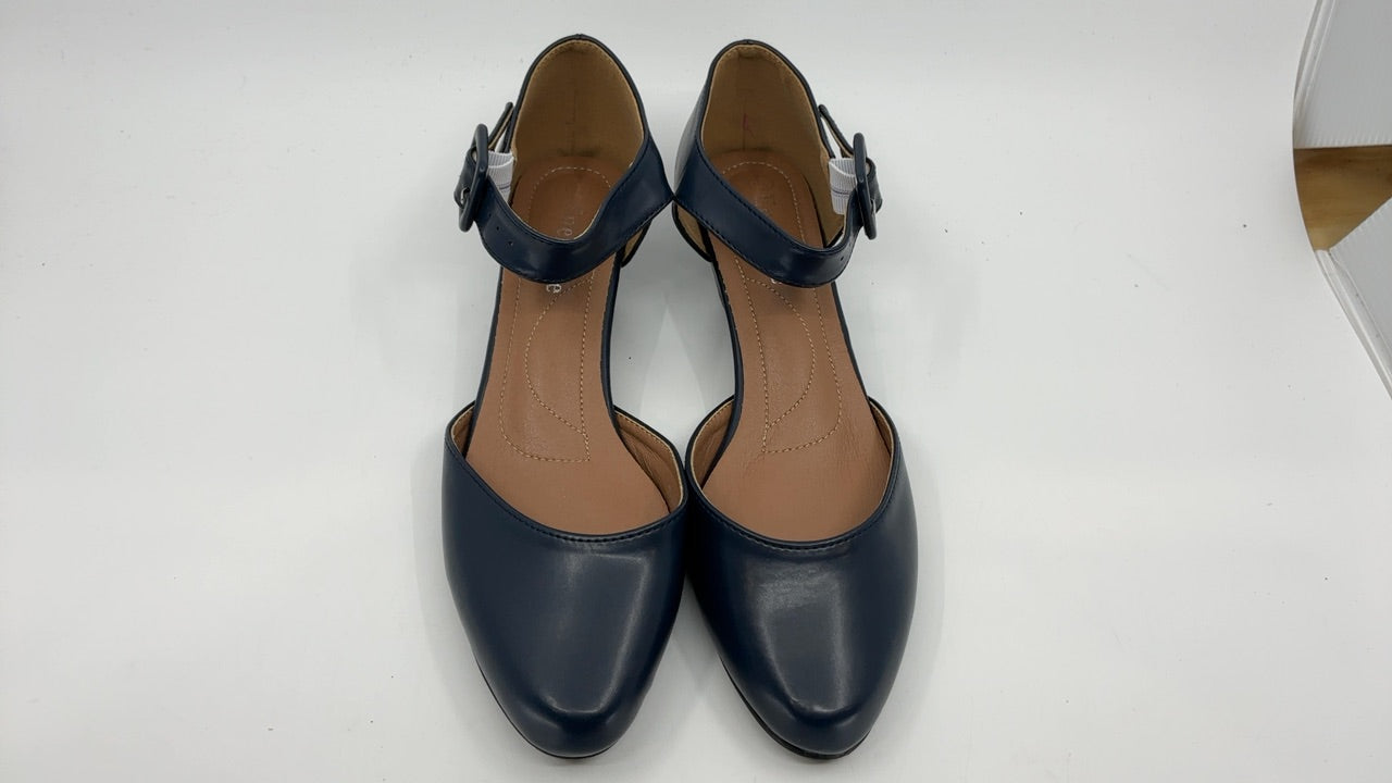Enelauge Women's Ankle Strap Closed Toe Low Chunky Heel Dress Work Pumps Matte Navy - Image 2