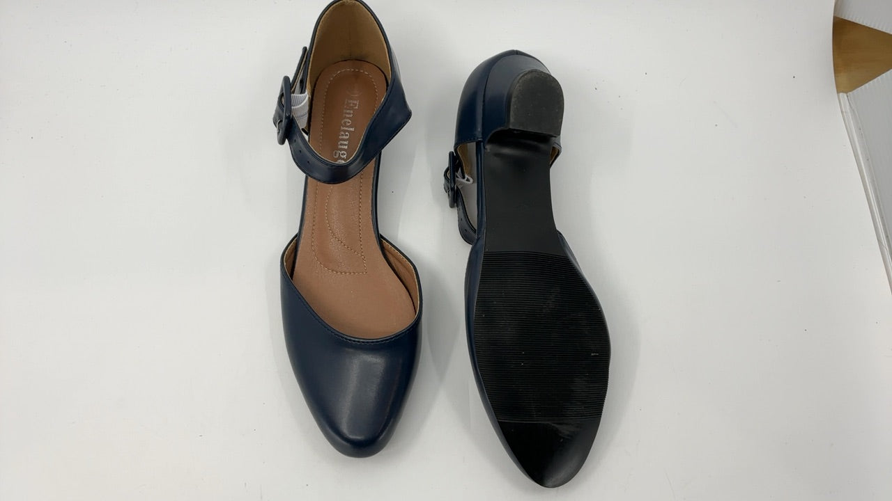 Enelauge Women's Ankle Strap Closed Toe Low Chunky Heel Dress Work Pumps Matte Navy - Image 3
