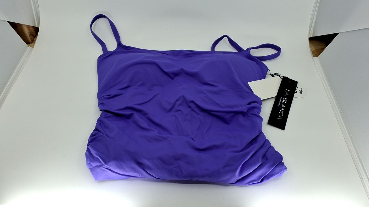 La Blanca One Piece Swimsuit Island Goddess Shirred Side Women's Bathing Suit, Ultraviolet, 10 - Image 3