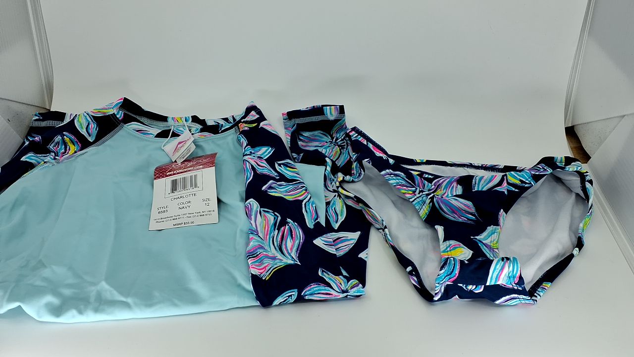 Kanu Surf Girls' Long Sleeve Rashguard UPF 50+ Two Piece Swim Set, Charlotte Navy, 12 - Image 6
