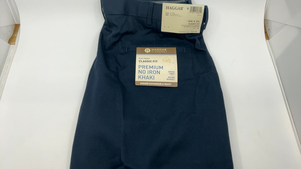 Haggar mens Premium No Iron Khaki Classic Fit Expandable Waist Flat Front dress pants, Dark Navy, 36W x 29L US - Image 7