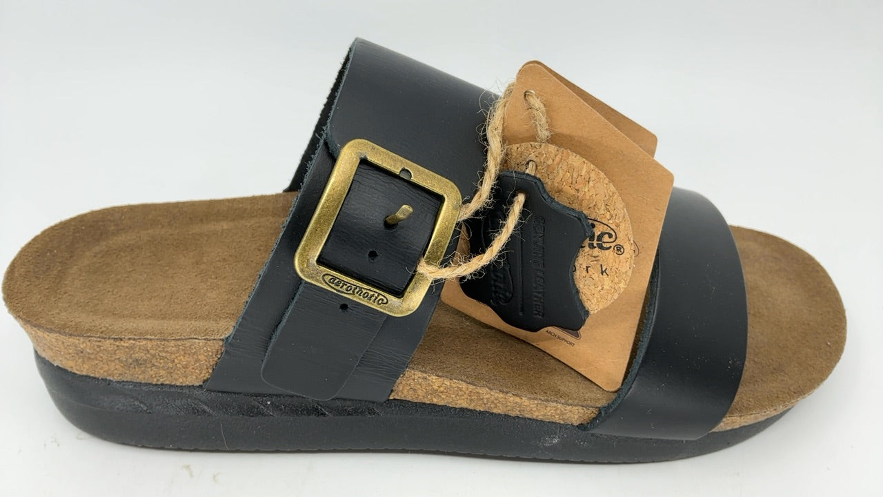 AEROTHOTIC Genuine Leather Slides for Women with Arch Support Comfortable Adjustable Buckle Double Straps with Memory Foam Footbed Slip On Cork Sandals (Florence Black, Size 10-10.5) - Image 3